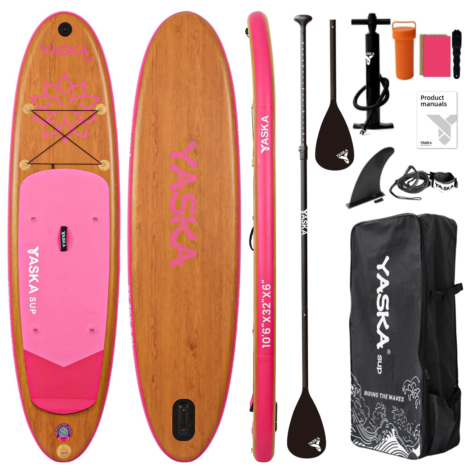 10.6ft Inflatable Stand Up Paddle Board- SUP Board for All Skill Levels with SUP Accessories & Adjustable Kayak Paddle,Fin, Leash, Double Action Pump and ISUP Travel Backpack for Youth & Adult (pink)