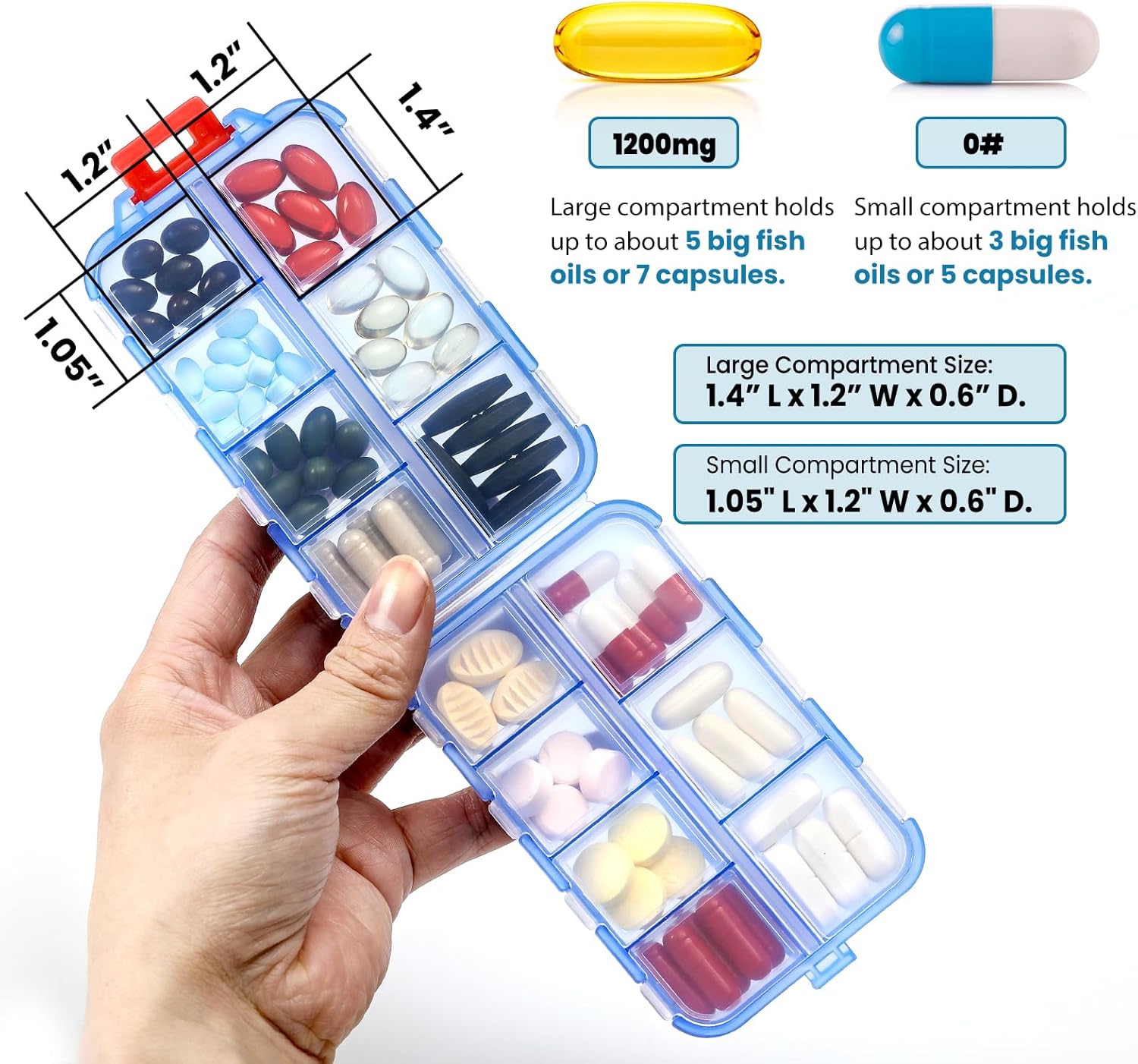 14 grids travel pill organizer box with labels - travel medicine case kit - pocket daily pharmacy container - travel medication holder dispenser for fish oil vitamin supplement storage - clear blue clear-blue with white labels