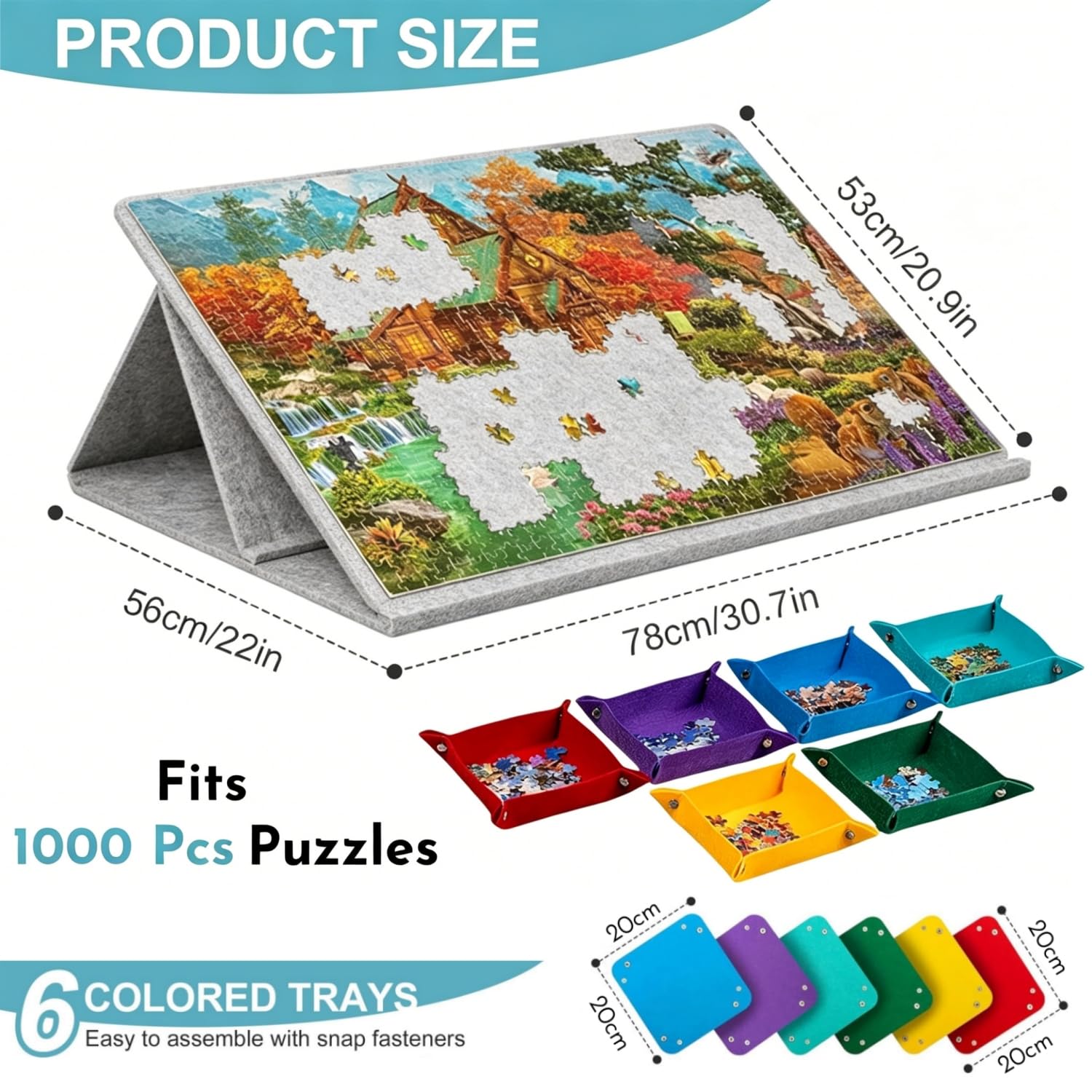 Tavola per puzzle inclinabile con supporto 2 in 1 e coperchio, 1000 pezzi, tavolo portaoggetti in feltro, regolabile in 3 angolazioni, 6 vassoi di ordinamento, tavola puzzle leggera e portatile per