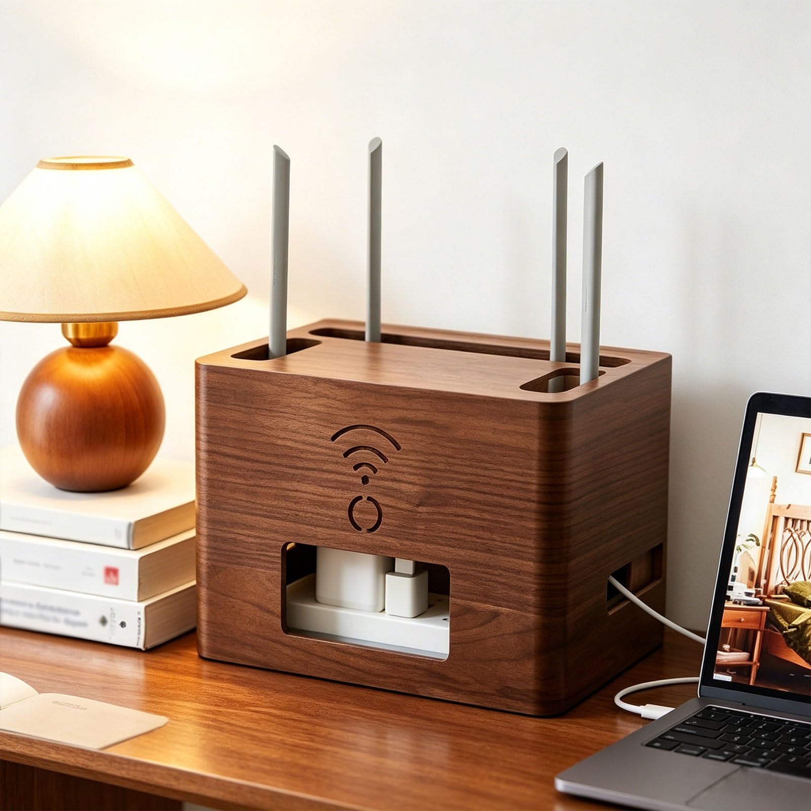 Rangement de routeur WiFi en bois marron pour sécuriser les câbles du salon