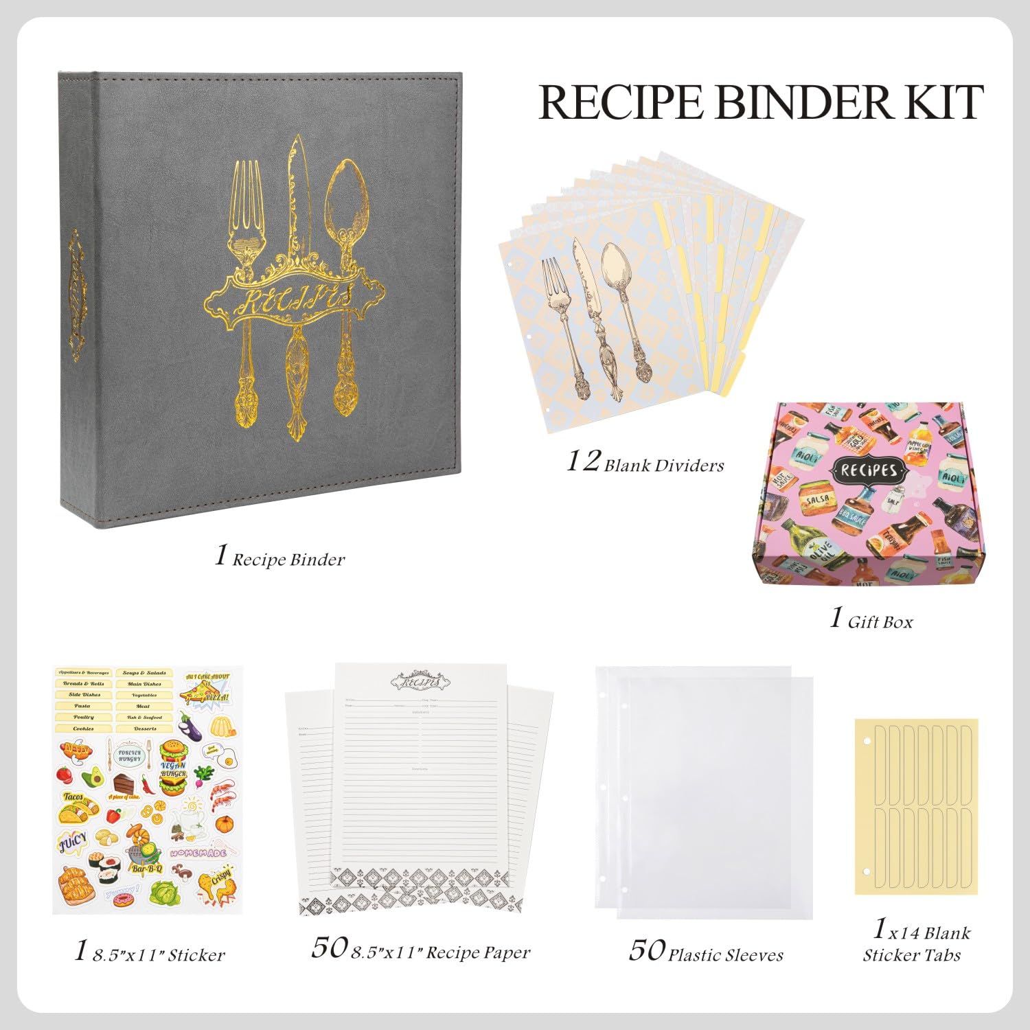 COFICE Rezeptordner – 21,6 x 28,9 cm, 3 Ringe, blanko, Familien-Rezeptbuch, Ordner-Set zum Schreiben in eigenen Rezepten, mit PU-Kunstleder-Einband und Kunststoffhüllen (grau)