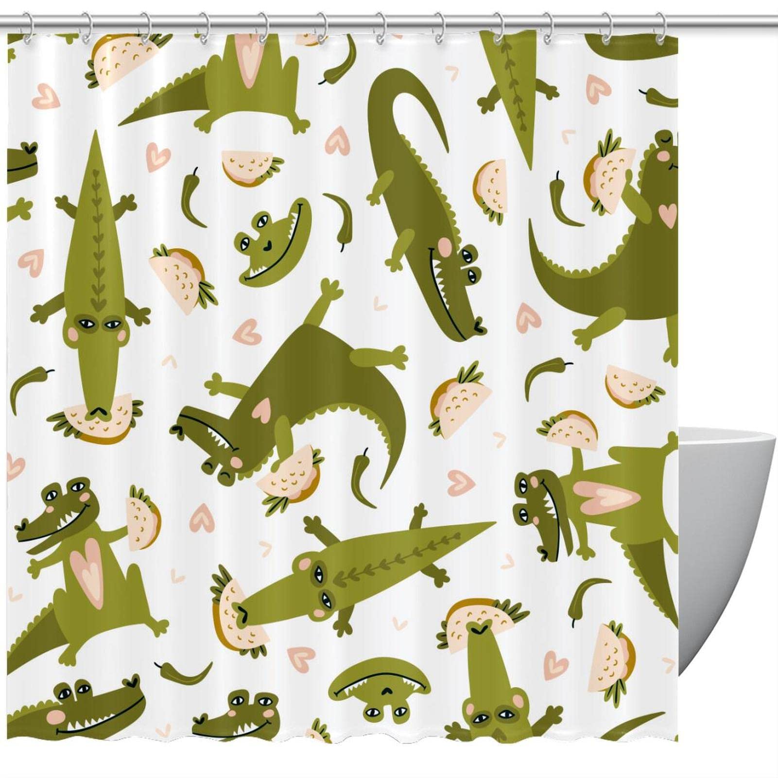 Rideau de douche vert à motif crocodile, protection étanche et robuste avec ses 12 crochets inclus