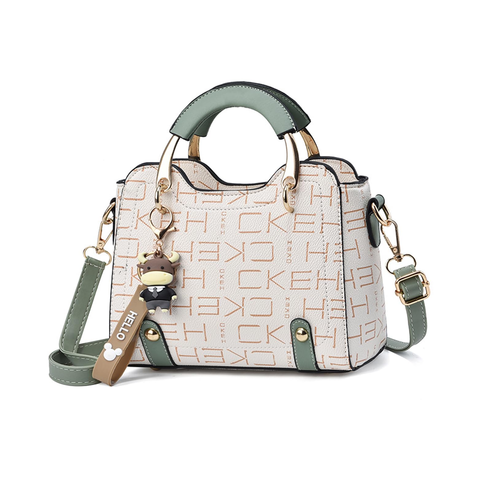 NICOLE & DORIS Handtasche Damen Klein Schultertaschen Mode Umhängetasche PU Leder Top Griff Tasche Mini Henkeltasche Mädchen Crossbody Bag mit Anhänger Grün mit Buchstaben