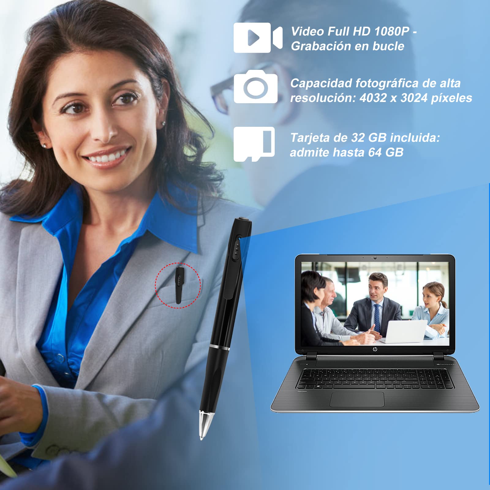 TANGMI Cámaras Espía 32GB Mini Cámara Oculta 1080P Bolígrafo Espía de Video con Detección de Movimiento para Reuniones de Negocios