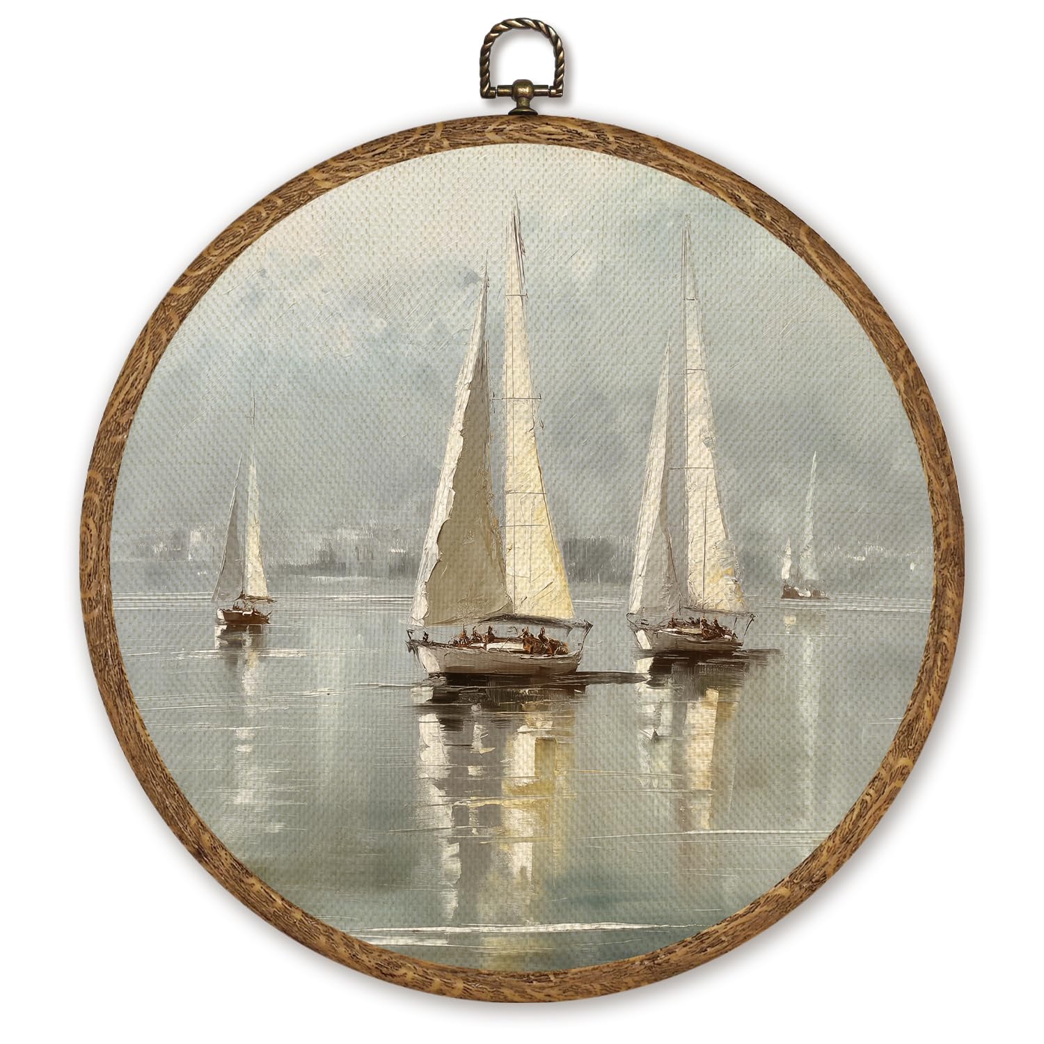 Vintage Sailboat Wall Art Decor, Retro Nautical Round Hanging Artwork, Coastal Lake Sailboats Canvas Prints for Living Room Kitchen Bathroom Lakeside Cottage, 10 Inch Round Wall Hanging Decor (Gray-sailboat)