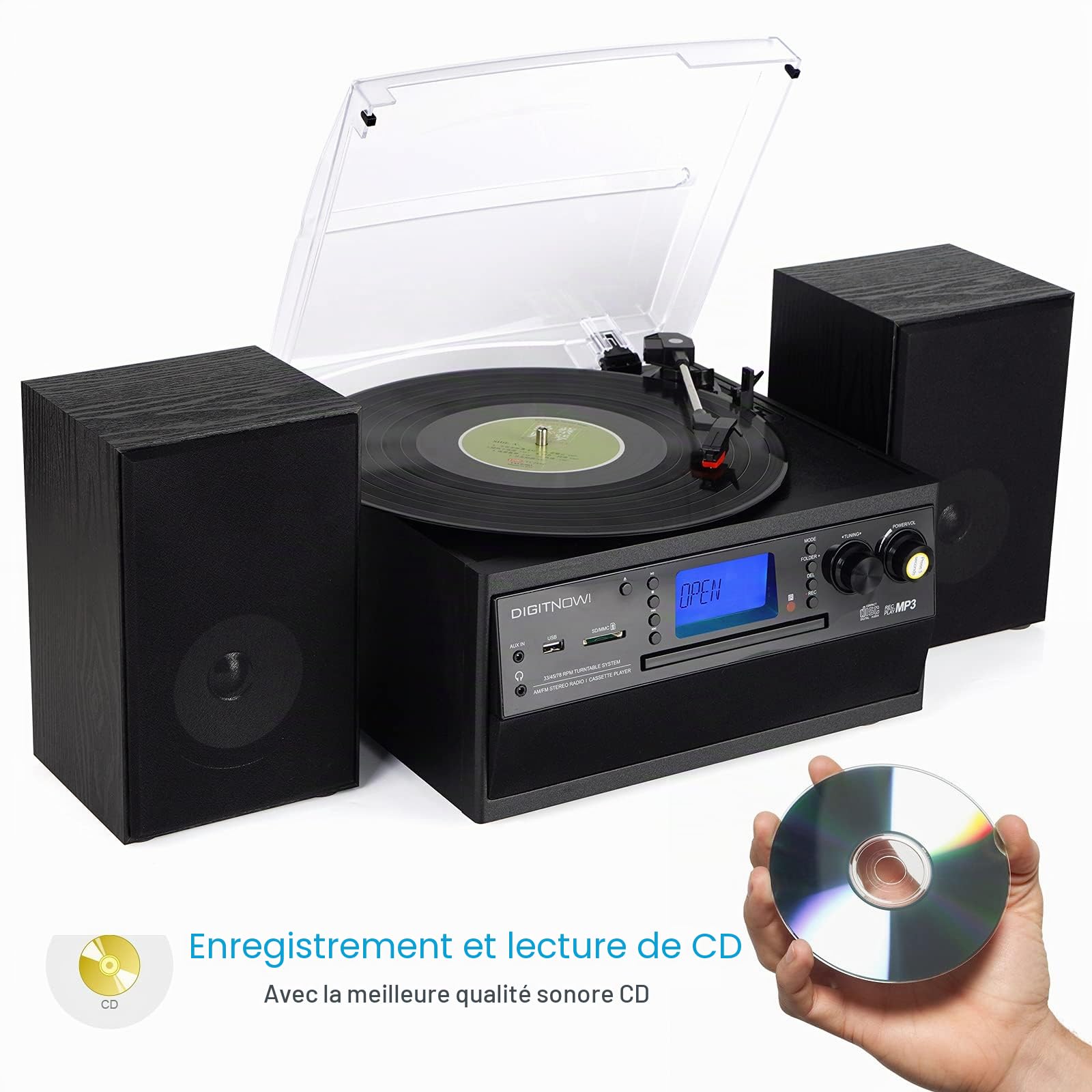 DIGITNOW! Tourne-Disque Bluetooth Viny pour CD, Cassette, Radio AM/FM et entrée auxiliaire, Port USB et encodage SD, télécommande, avec Haut-parleurs stéréo autonomes