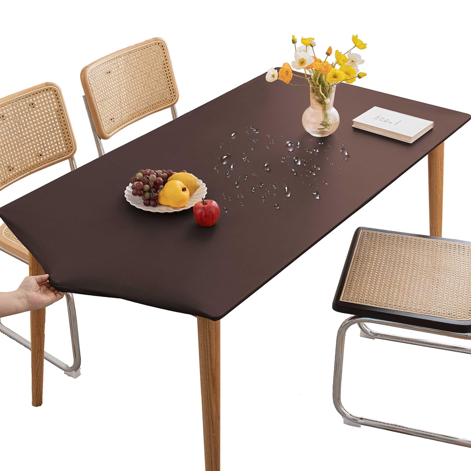 Thdsubb Tablecloth Leather Waterproof Tablecover Elastic Edged Fitted Table Protector Cover Wipeable for Home Picnic Party (Coffee,60x120cm)