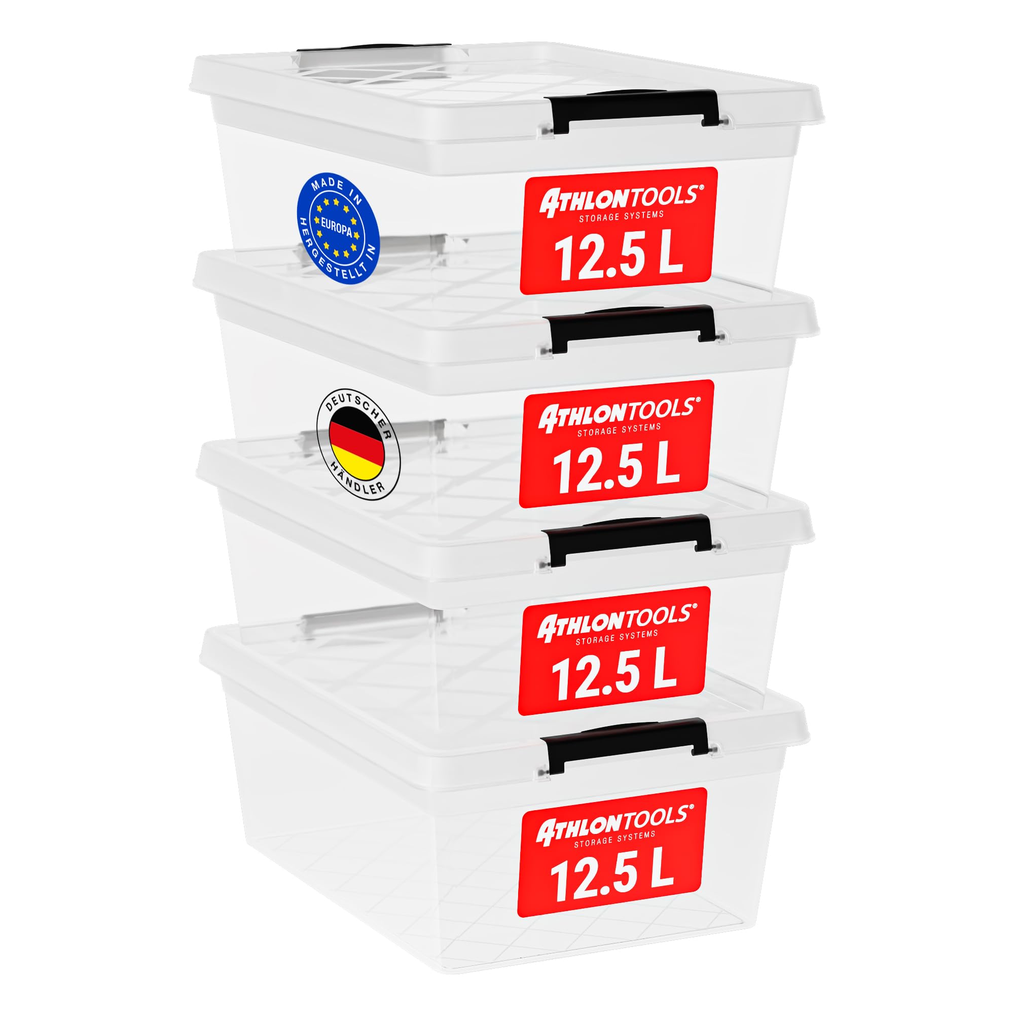 ATHLON TOOLS 4 x 12.5 L storage boxes with lid, food-safe – sealing clips – 100% new material plastic box transparent – clothes boxes stackable