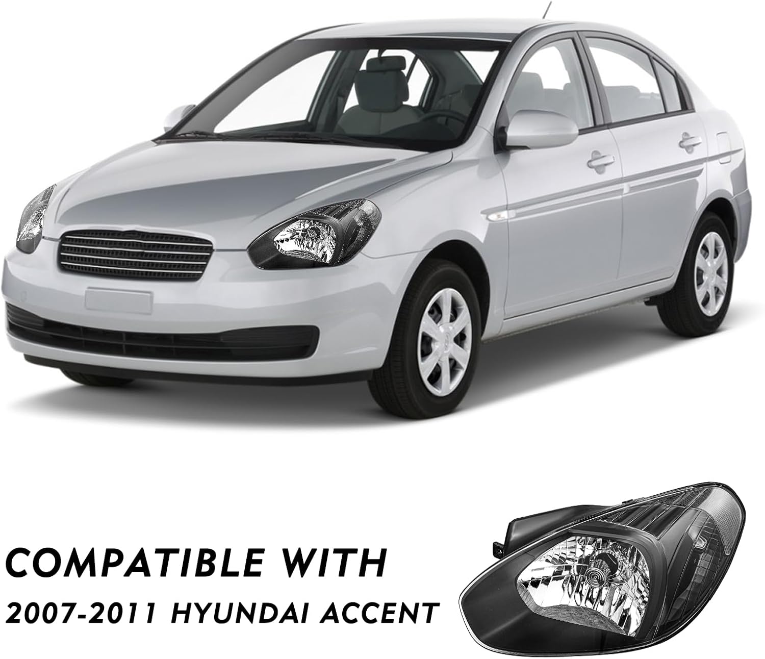 TUSDAR Headlight Assembly Replacement for 2007-2011 Hyundai Accent Driver and Passenger Side (Black Housing with Clear Reflector)