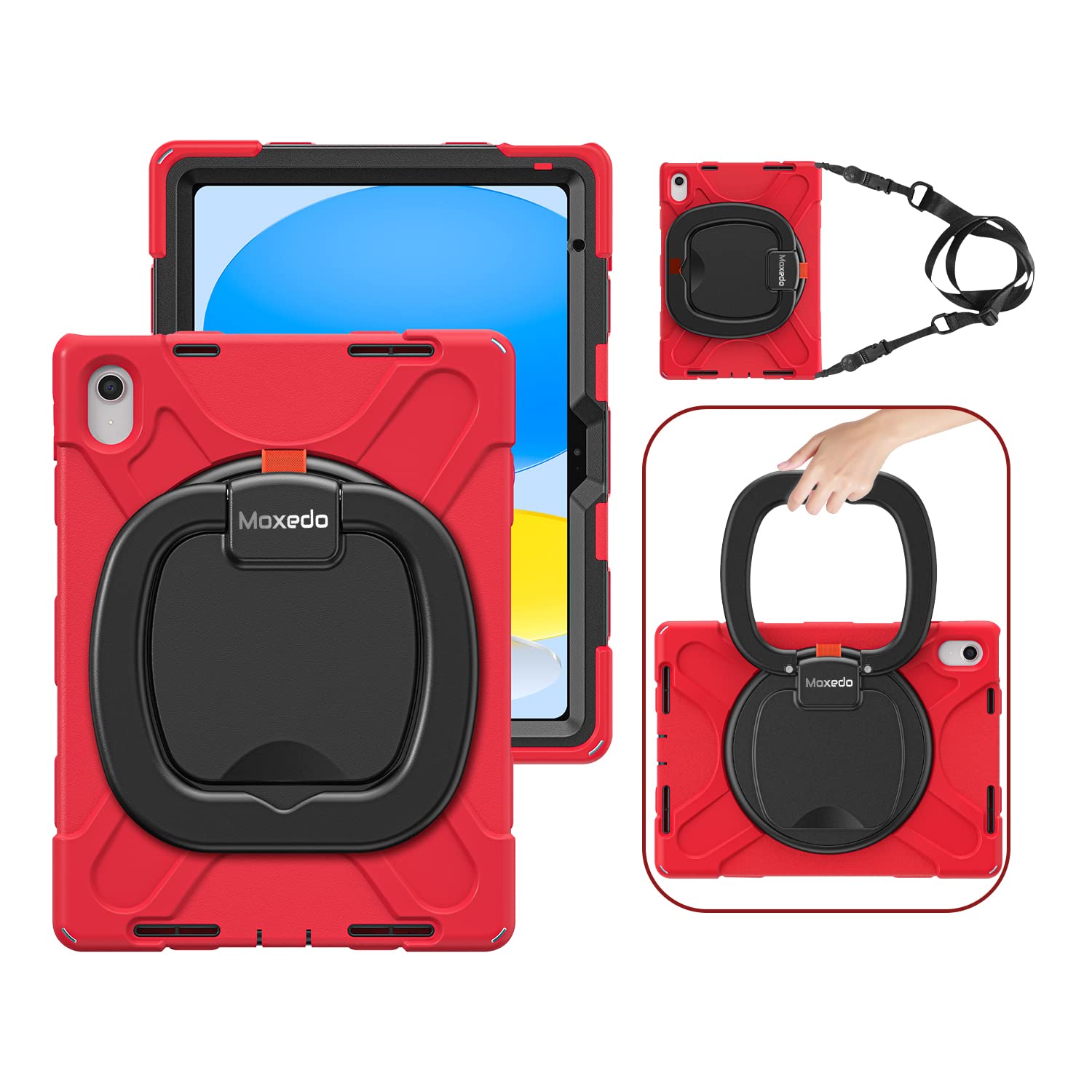 Moxedo Shockproof Rugged Protective Colorful Case with 360 Rotating Kickstand, Shoulder Strap, Pen Holder for Kids Compatible for iPad 10th Generation 10.9 2022 (Red)