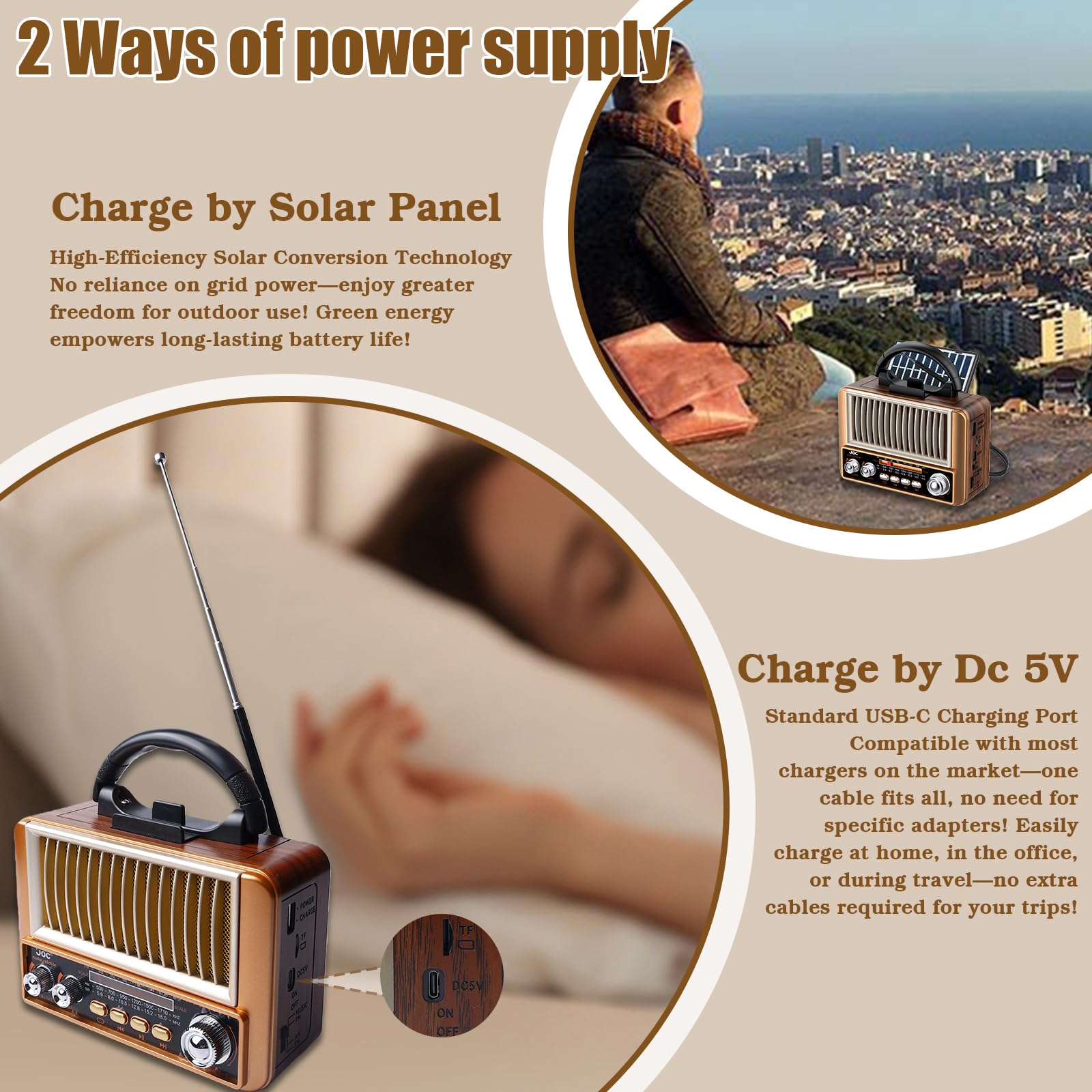 Solar Retro Radio Mit Bluetooth, Tragbare Nostalgie Radio, Am/Fm/Sw Bluetooth Lautsprecher Klein Unterstützt USB/Tf/Aux Funktion Für Wandern, Camping, Büro, Schlafzimmer (Roségold)