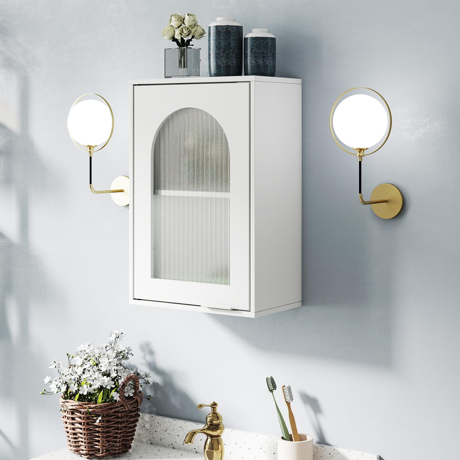 LIFEZEALMeuble de Salle de Bain Mural, Meuble de Cuisine Mural, Armoire Murale Suspendue avec Porte en Verre, étagère réglable, Placard, Blanc, Salle de Stockage, Moderne (Blanc, 35 x 20 x 52,5 cm)