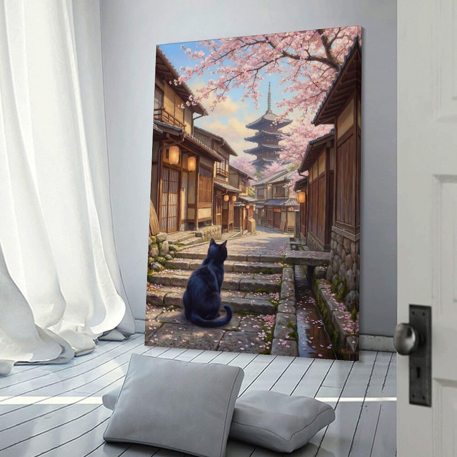 Junmoney Frame-Style-14-1 Black Cat Kyoto Cherry Blossom Canvas Art Print 24X36inch(60X90cm), For New Homes, Bedrooms Or Workspaces, Gift Idea For Housewarming And Birthdays