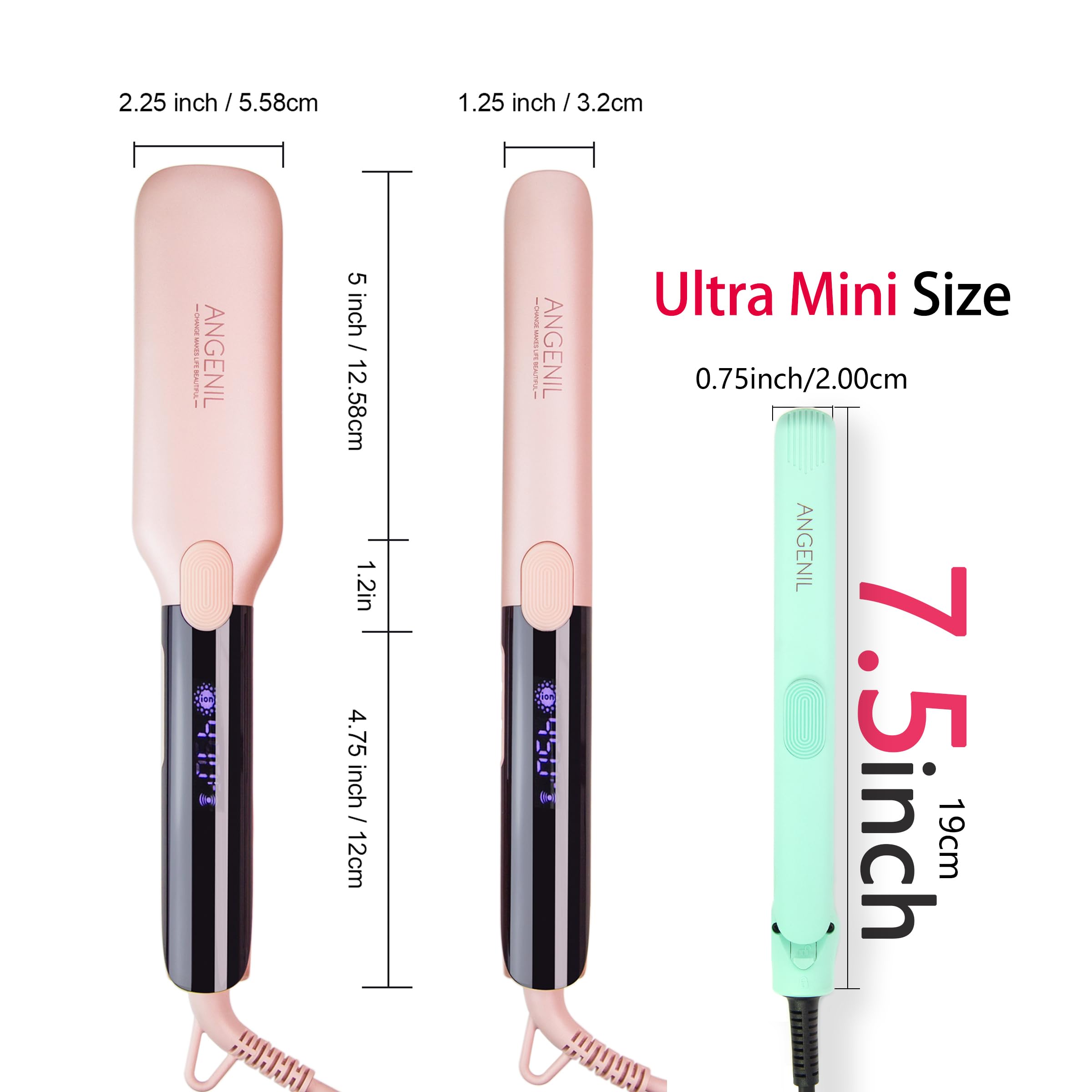 ANGENIL Lisseur de voyage 2 en 1, mini lisseur professionnel en céramique titane de 2,5 cm, double tension 160-230 ℃ pour cheveux courts - Vert