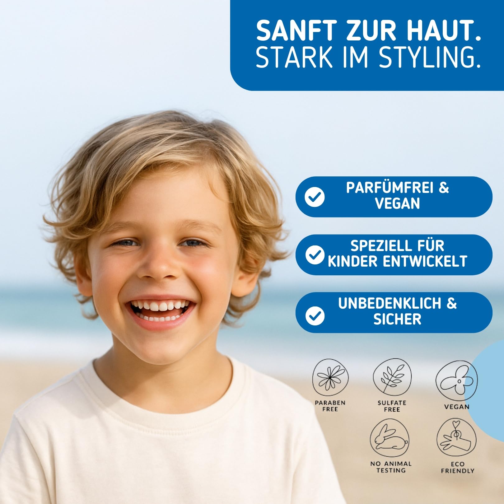 Sea Salt Spray dla dzieci – spray do stylizacji naturalnych fal plażowych – z solą morską i gliceryną – bez perfum, wegański, bez silikonów – lakier do włosów dla wrażliwych włosów dzieci – 100