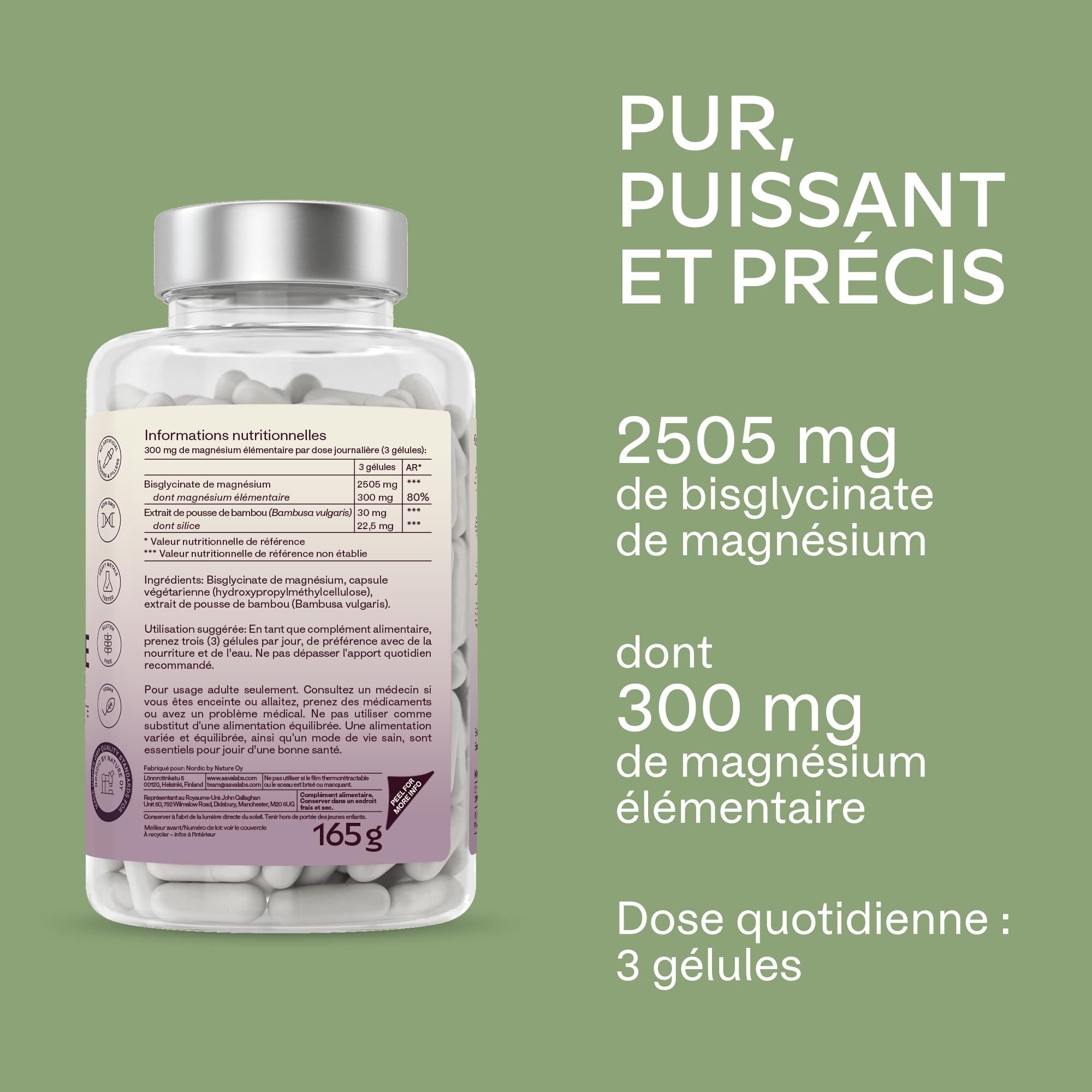 Magnesium Bisglycinate 2505mg | Magnesium Glycinate Chelaté Hautement Biodisponible 300mg Élémentaire - Bisglycinate de Magnésium Non Tamponé, Vegan - Fatigue, Sommeil, Muscles - 180 Gélules