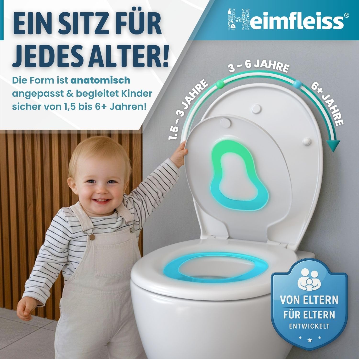 Heimfleiss® Toilettendeckel mit Kindersitz inkl. KINDERSICHERUNG | Antibakterieller Duroplast Klodeckel mit Kindereinsatz | Familien Toilettensitz mit Absenkautomatik | Kinder Klobrille mit Kindersitz