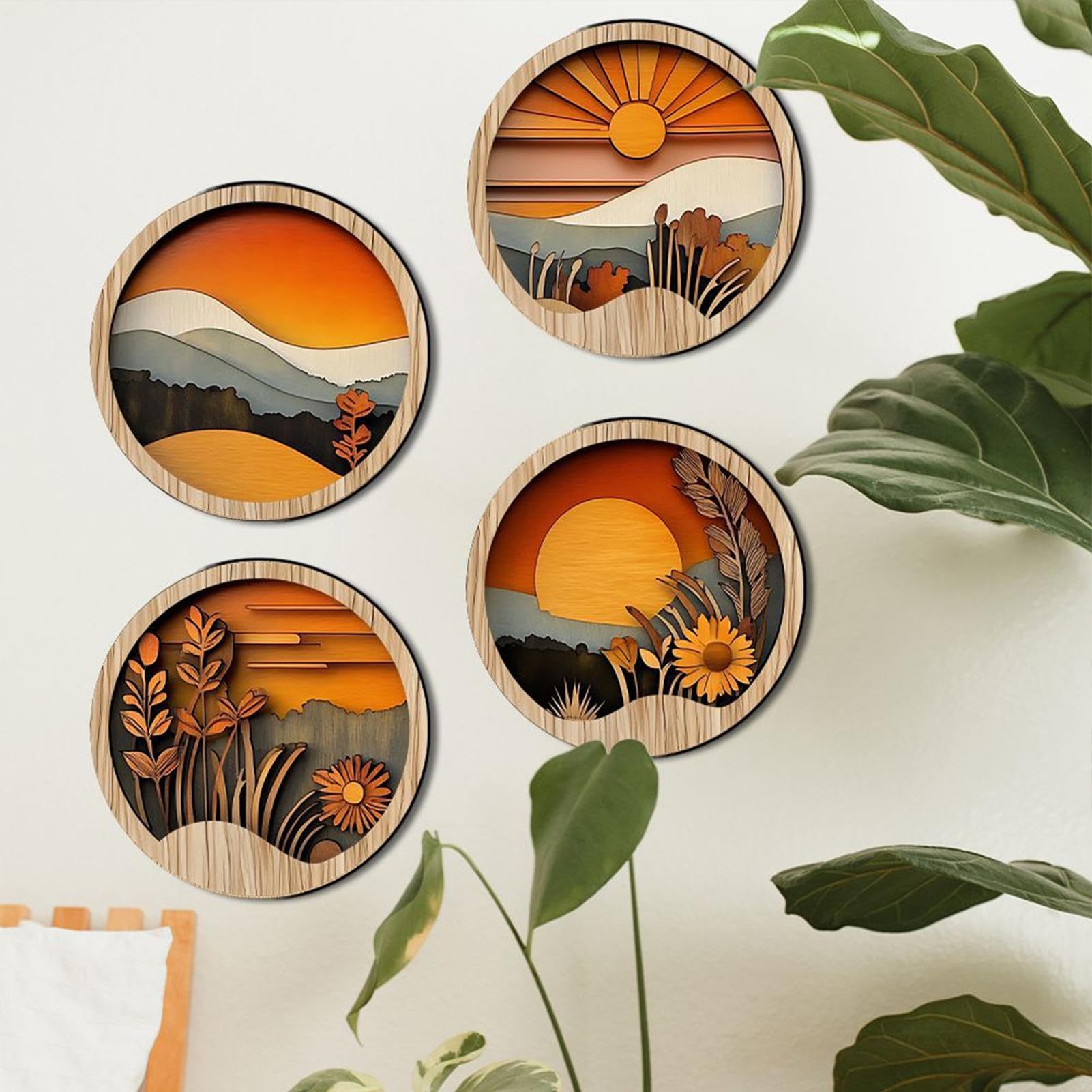 Arte da parete Boemia per soggiorno, decorazione da parete in stile bohemien, per camera da letto, 4 quadri rotondi geometrici in legno rustico, per appartamento, casa di campagna, ingresso