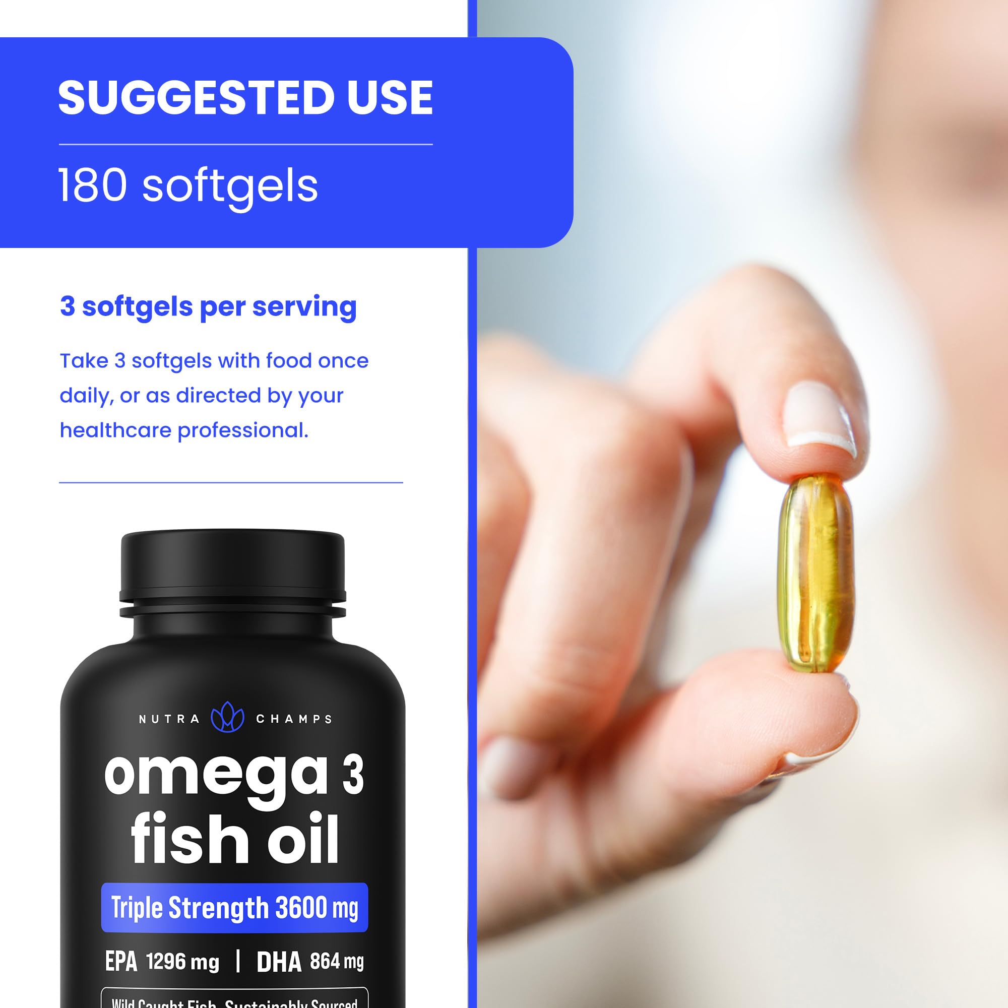 Triple Strength Omega 3 Fish Oil 3600 mg | EPA & DHA | 180 Softgels | Burpless Fish Oil Supplement, Wild Caught | Over 2100mg Omega-3 Fatty Acids Supplements | Natural Lemon Flavor Omegas 3 Pills — Amazon image 6