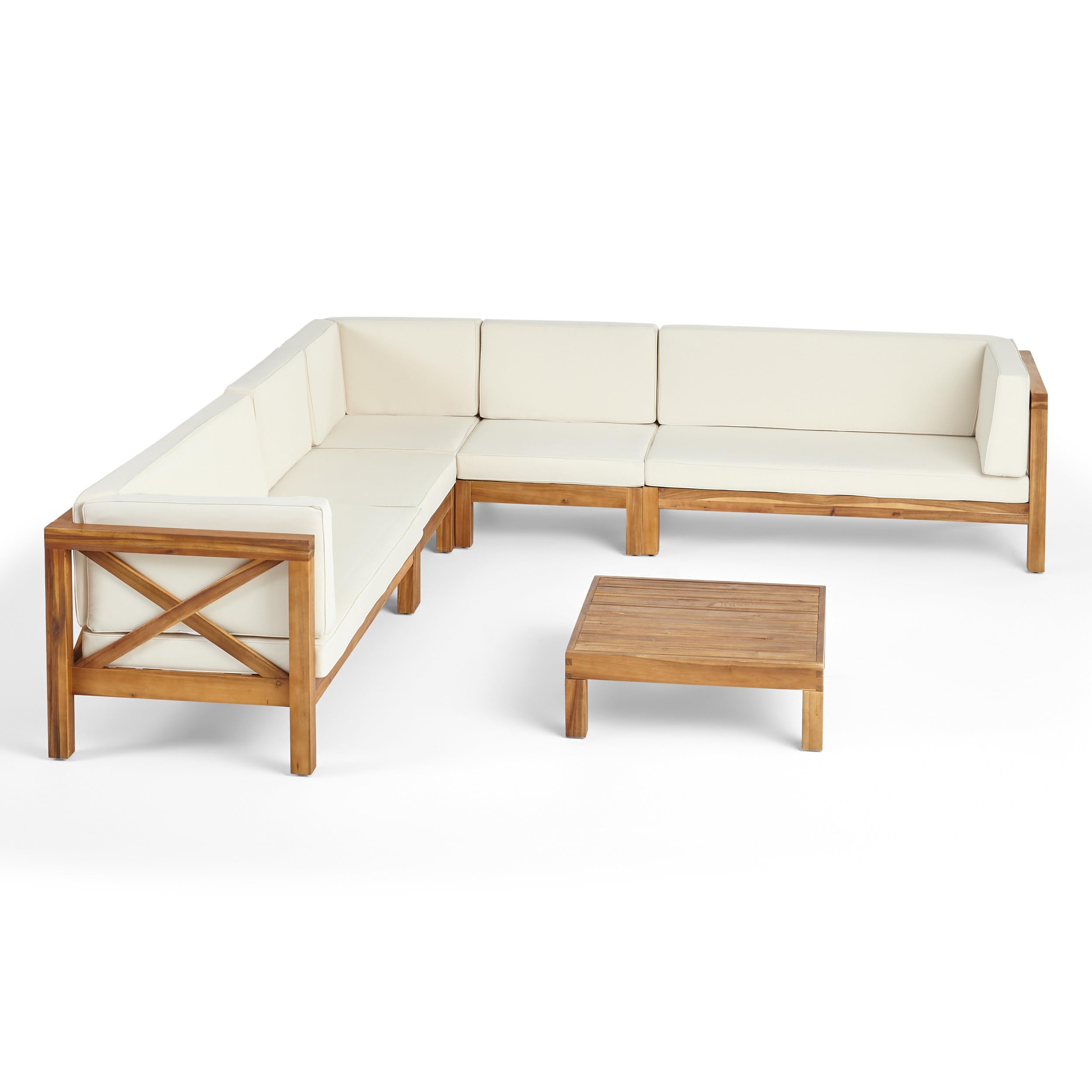 Juego de sofá seccional de madera de acacia para exteriores, 7 plazas, acabado teca y beige