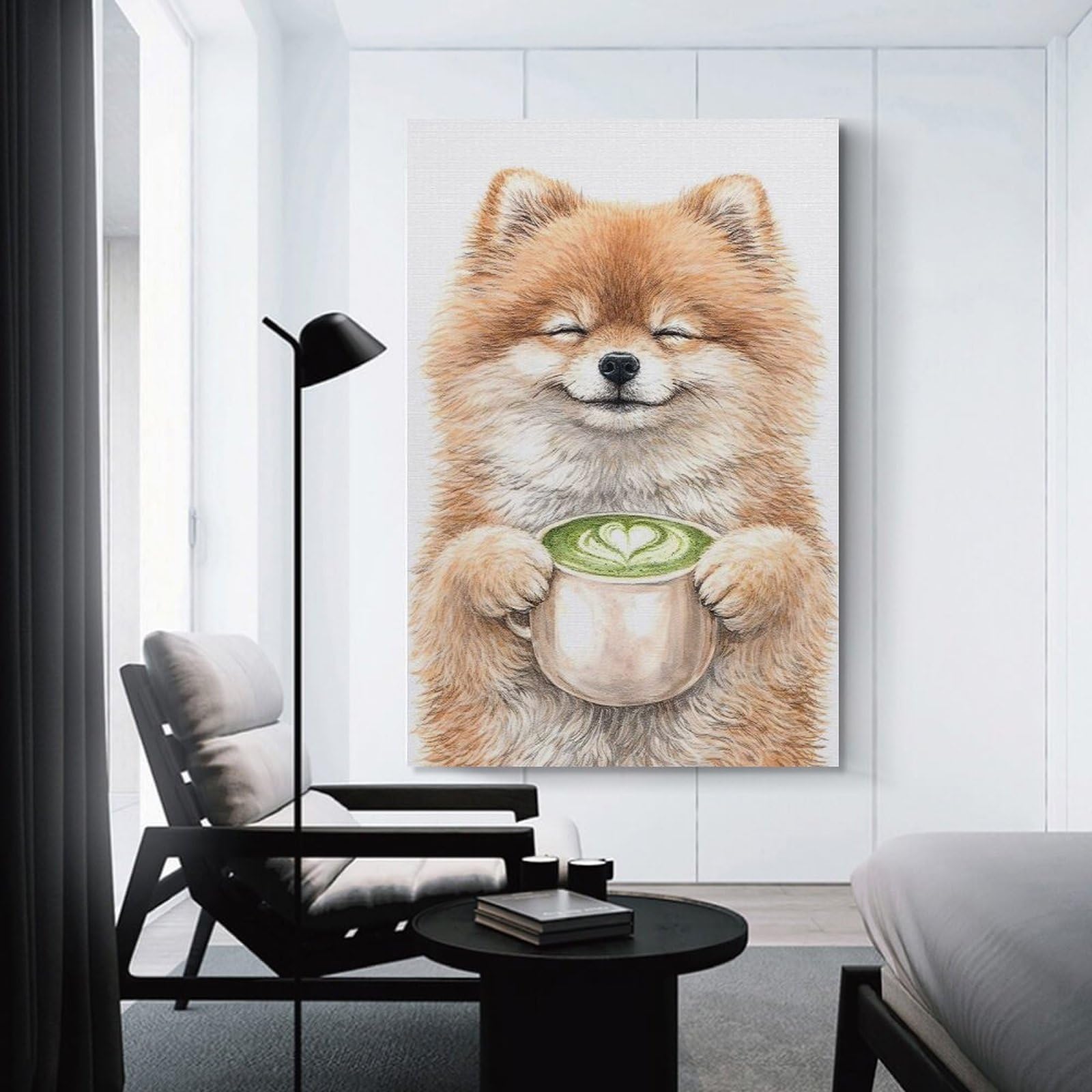 Junmoney Wall Art Print Cute Pomeranian with Matcha Latte, 24x36inch(60x90cm), for Picture Wall Styling in Lounge Or Bedroom, Wall Decor Suited to Curated Displays