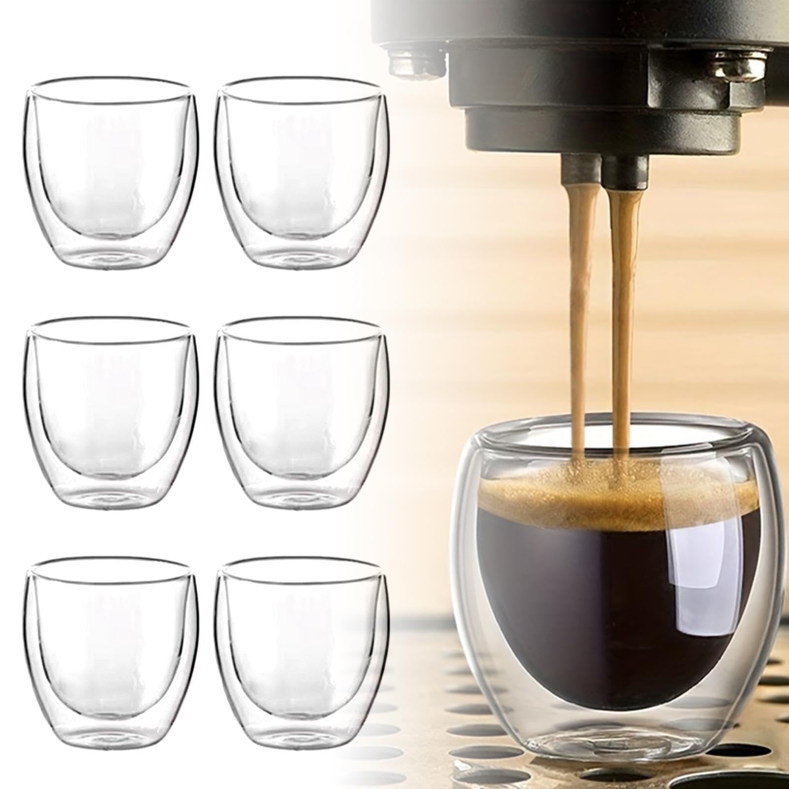 Fiacvrs 6pcs Espresso Cups,Double Wall Borosilicate Glass Espresso Cups,80ml Latte Glass Caffee Cup,2.7oz Glasses Coffee Mugs for Tea Dessert,Anti-Scald Glasses Coffee Cup(Transparent)