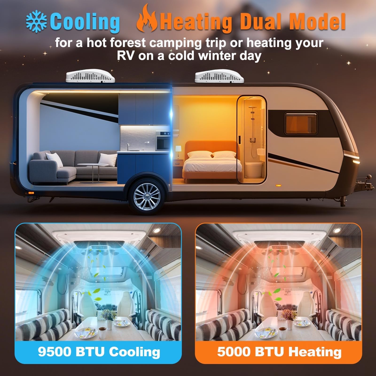 Aria Condizionata per Camper 12V/24V Portatile | Climatizzatore con Pompa di Calore e Telecomando | Ultra Silenzioso, Ideale per Roulotte e Van | Risparmio Energetico(24V)