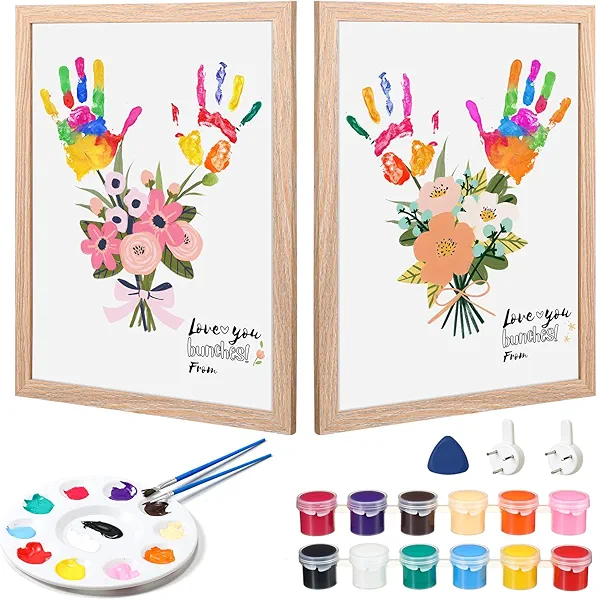 Marspark Handprint Craft Family DIY Paint Set, Unique Birthday Gifts for Grandma Mom Father Mother Handmade Keepsake Include 16" Wood Frame 4 Flower Bouquet Papers 12 Colors Paint and Palette