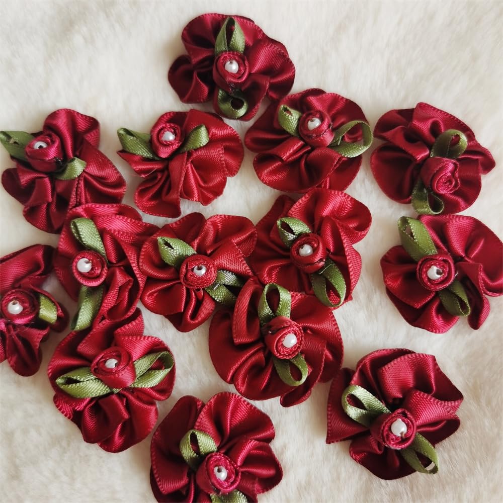 50pcs 30mm Satin Ribbon Flower Bows Rose Polyester Craft Artificial Ornament Applique Fabric Wedding Sewing Handmade DIY Gift Box Decoration (Burgundy)