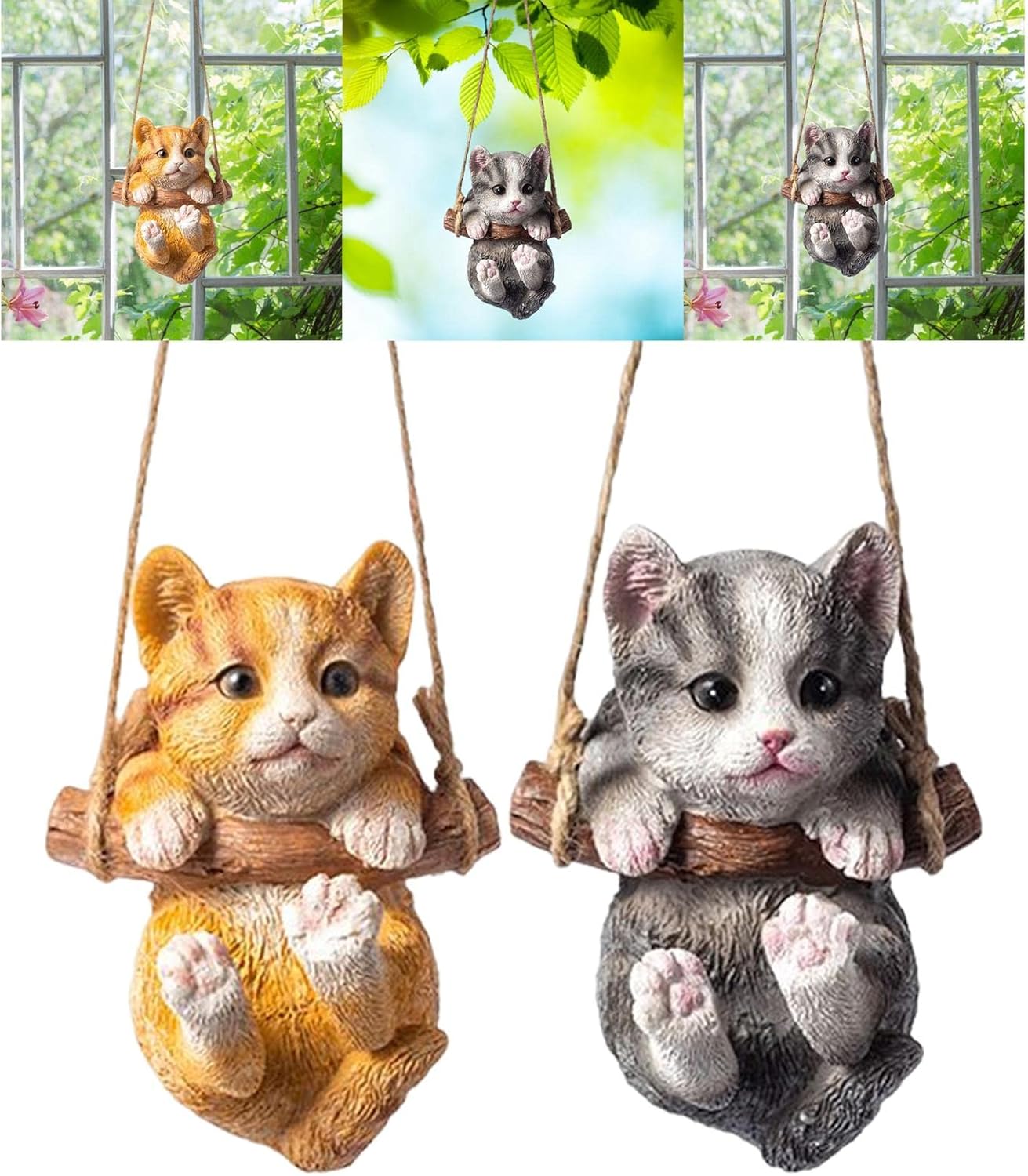 2Pieces Hanging Swing Cat Statue Garden Figurine Pendant Decorative for Bedroom Home