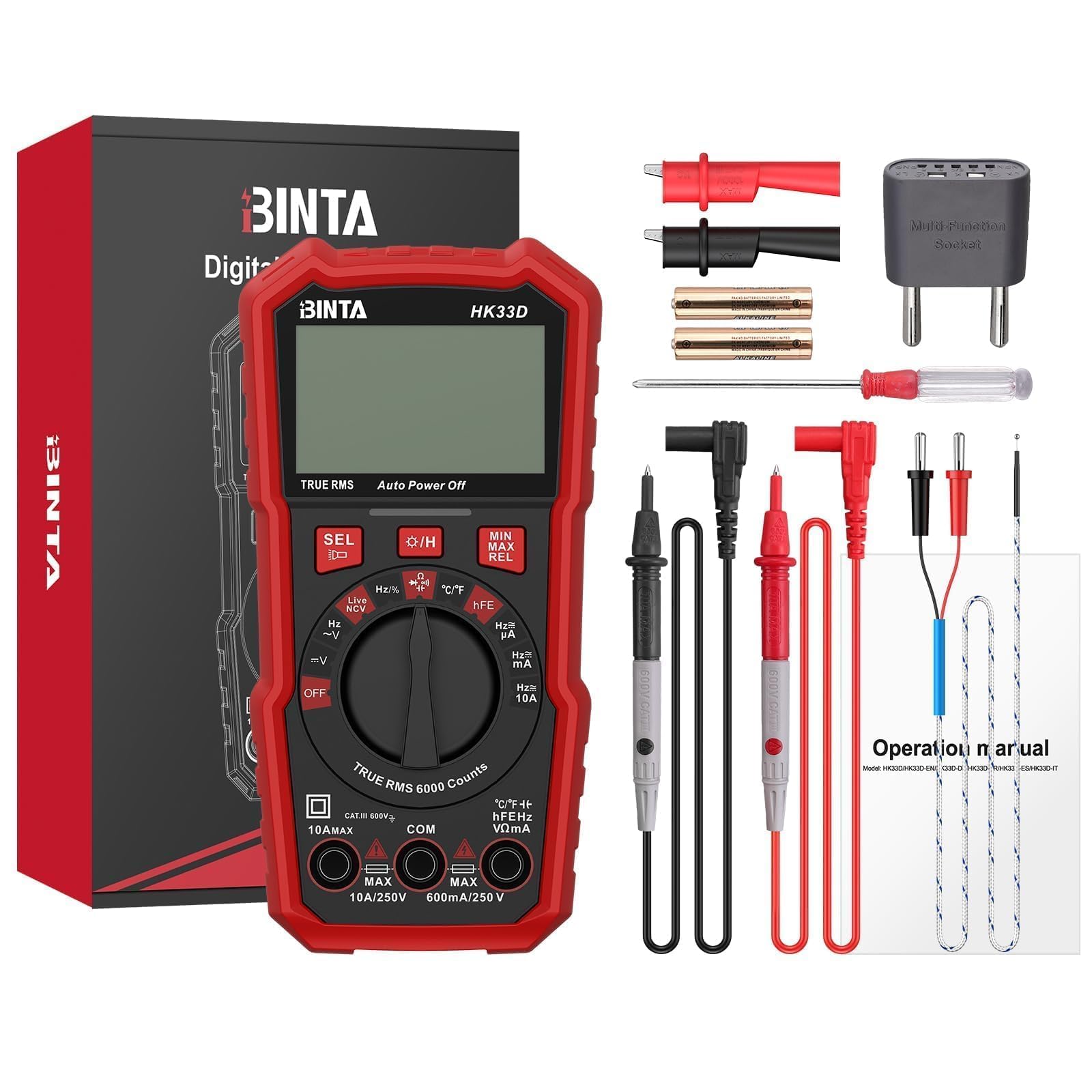 BINTA Multimètre Automatique Numérique 6000 Comptes avec Écran LCD Tension AC/DC, Capacité, Résistance, NCV Live, HFE, Mesure des Transistors, Rapport Cyclique pour Automobile, Maison et Industrie