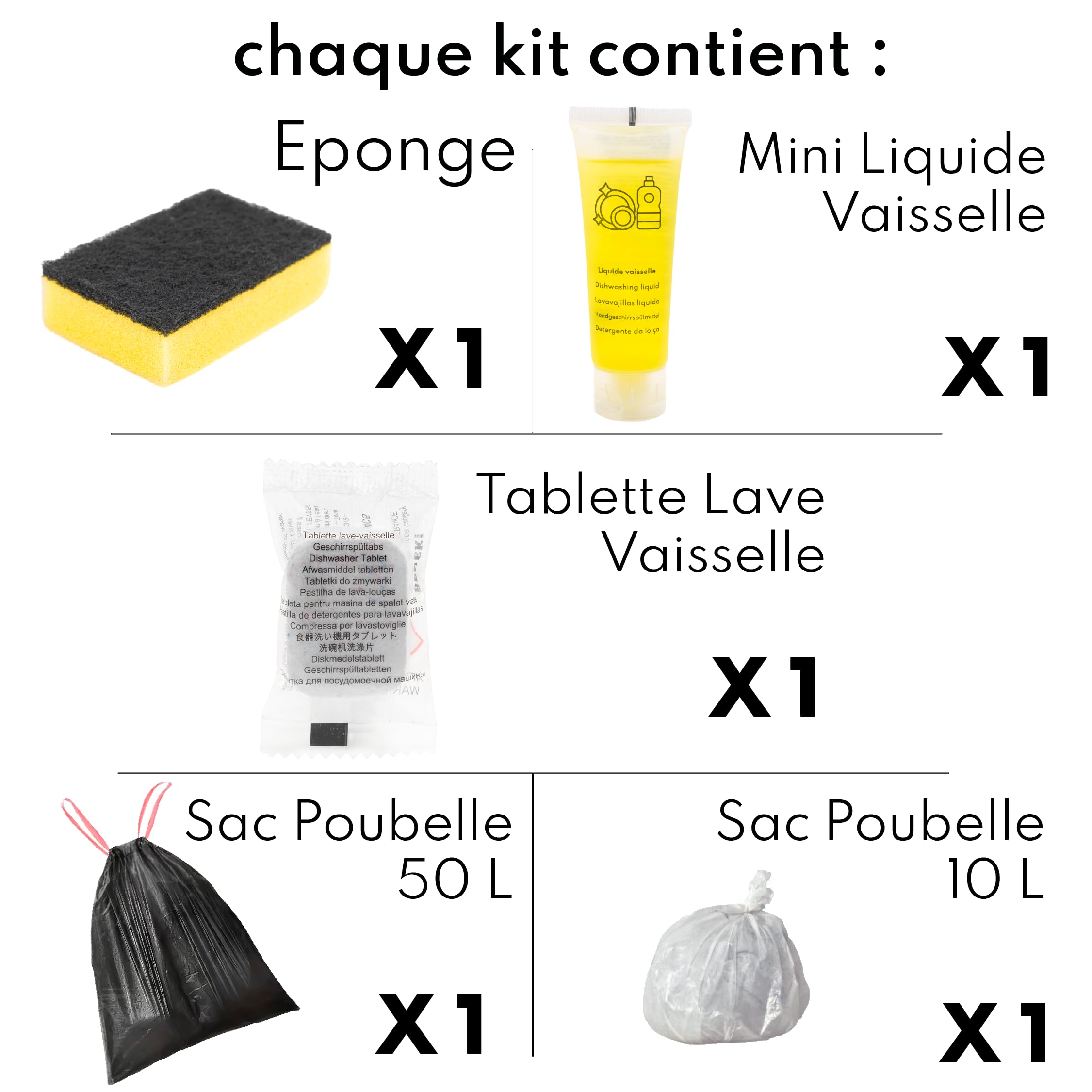 BENEKI Airbnb - Set da cucina – ideale per il noleggio a breve termine con spugna, detersivo per piatti, sacchi della spazzatura da 50 l e 10 l – (con ripiano per lavastoviglie (set da 50)