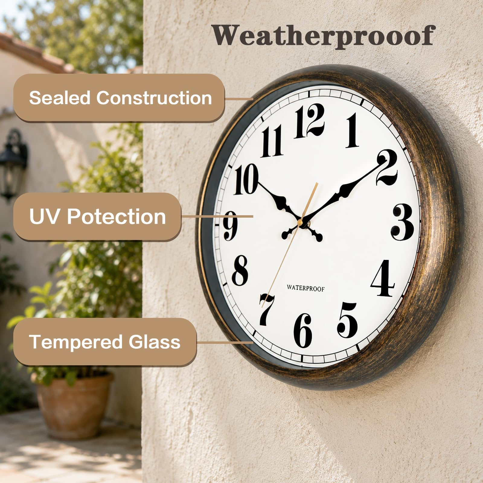 Caysie Grande horloge murale étanche à piles étanche de 40,6 cm pour piscine, terrasse, extérieur (bronze doré)