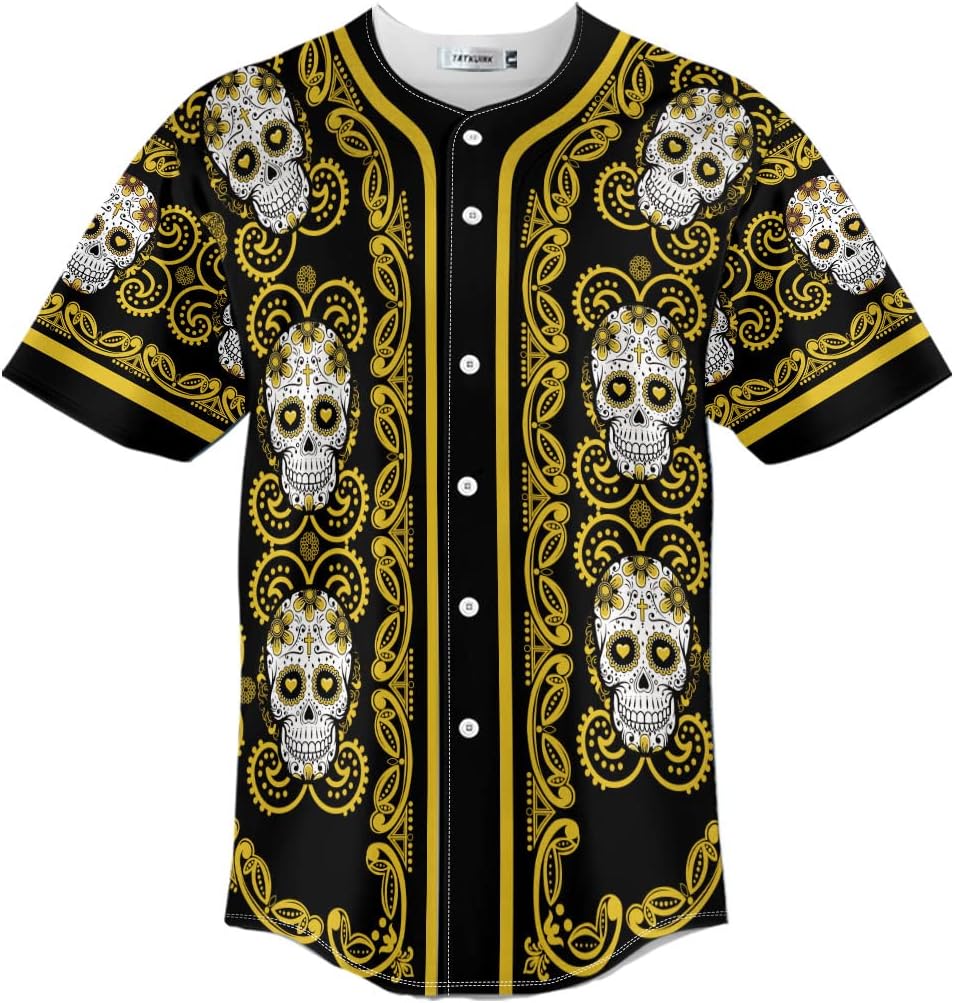 Doodle Floral Pattern of White Sugar Skull Baseball Jersey Men 3D Printed Button Down Short Sleeves Shirts Gifts