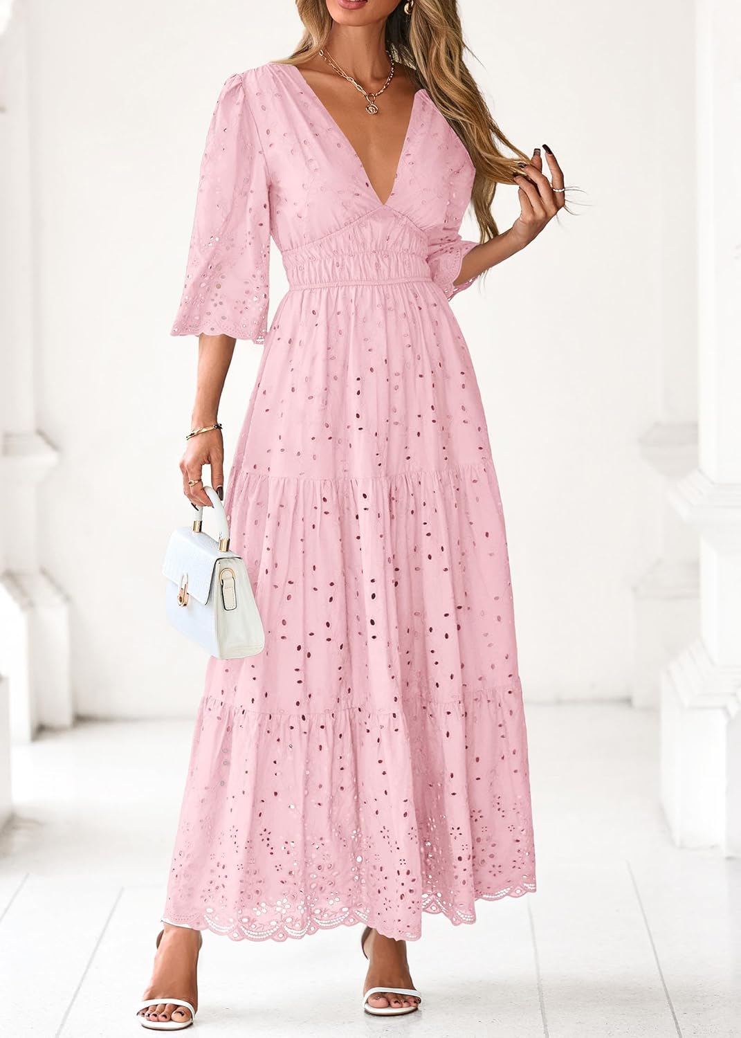 Lazysmile Long Sleeve Dresses for Women V Neck Hollow Out Eyelet Ruffle Swing A-Line Fall Vacation Boho Maxi Dress - Image 8