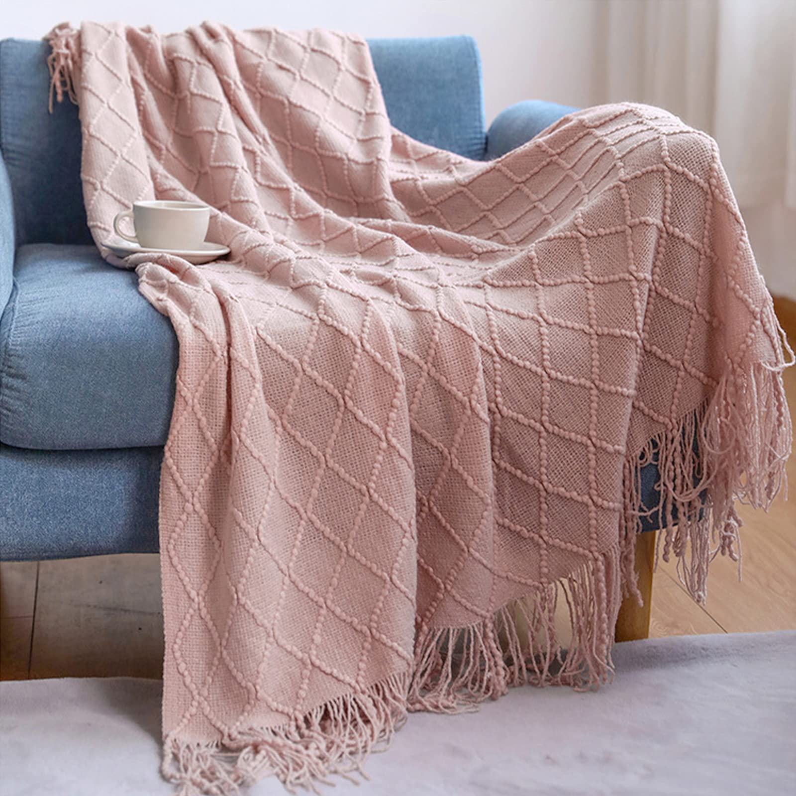 Lumisyne Pink Knitted Throw Blanket With Tassel Solid Color Geometric Plaid Pattern Cozy Couch Cover Soft Bedspread Decorative Blanket For Sofa Bed Settee 170X130cm