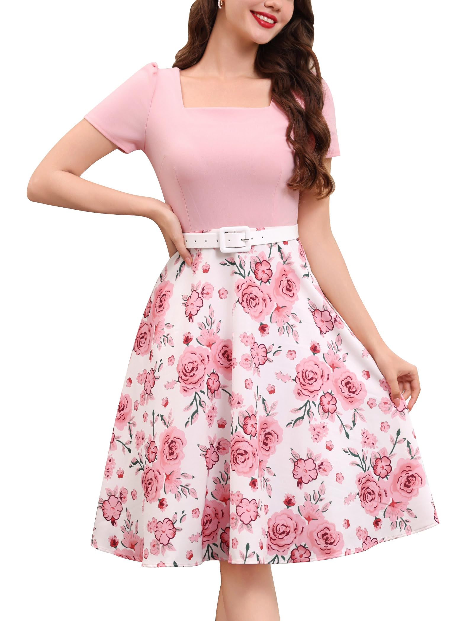 OMEWEE Rockabilly - Vestido de cóctel para mujer, estilo vintage de los años 50, estilo retro, manga corta, lunares, acampanado, elegante, largo hasta la rodilla, para boda, fiesta, fiesta