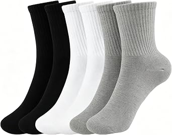 Mens 6 Pack Crew Socks, 3 Black 3 White, 75% Cotton Cushioned Athletic Socks, Moisture Wicking Work Socks
