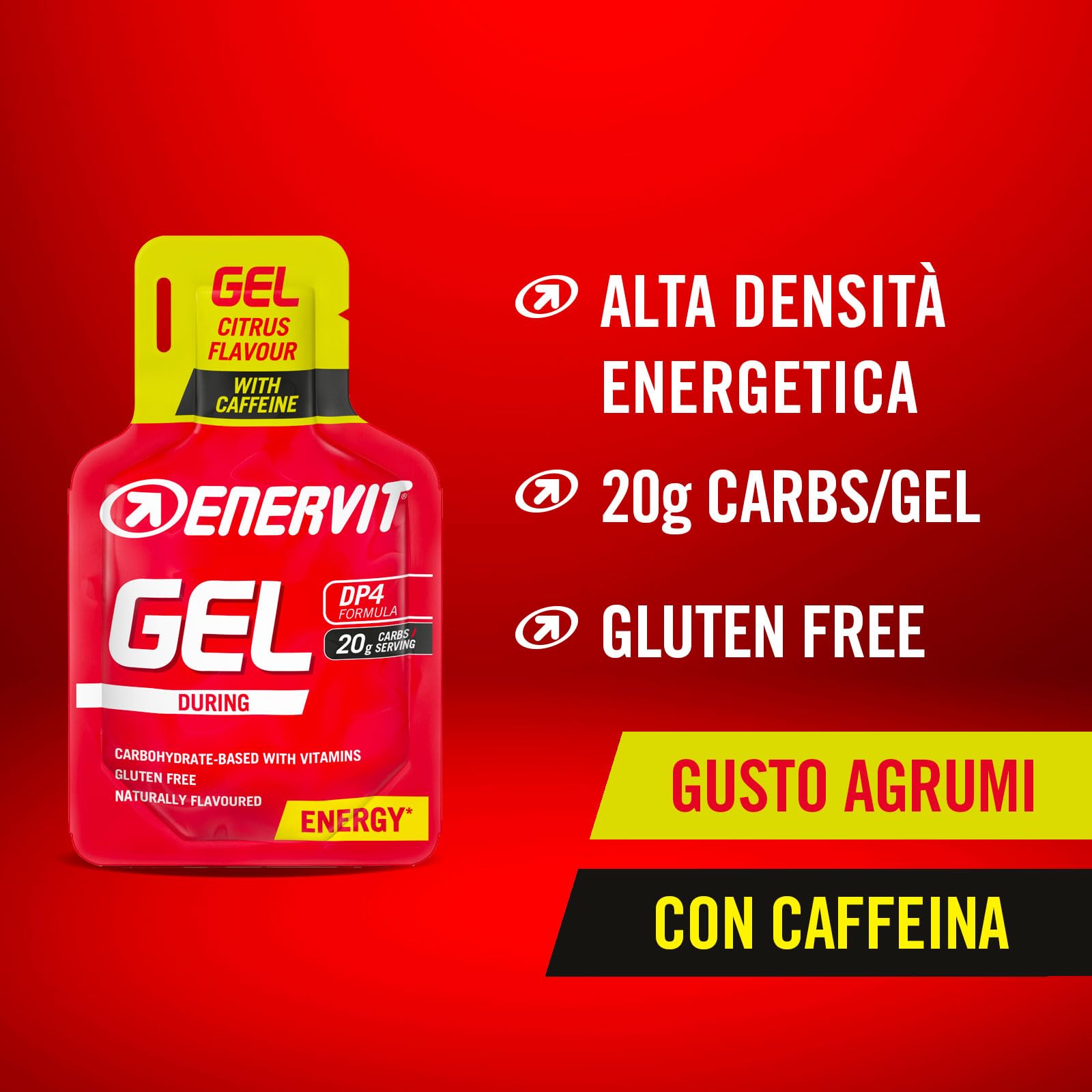Enervit, Gel Agrumi, Integratore con Vitamine e Carboidrati ad Alta Intensità Energetica, per Sforzi di Lunga Durata, con Formula DP4, Senza Glutine, 24 Minipack da 25 Millilitri