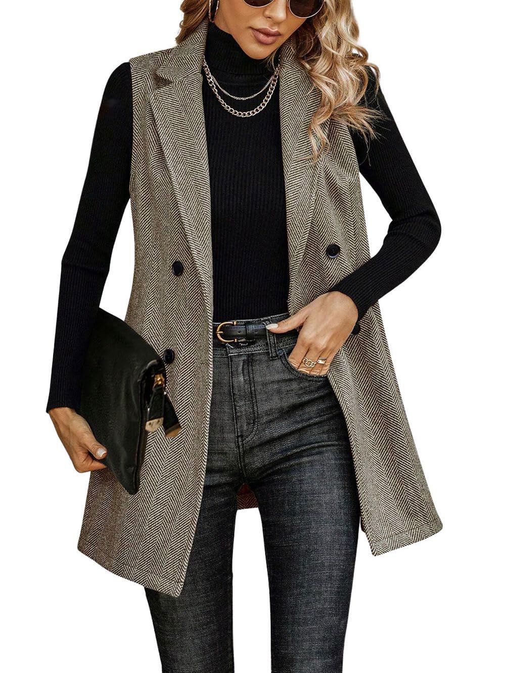 CHARTOU Long Vest Blazer for Women Wool Blend Fall Sleeveless Tweed Vest Jacket