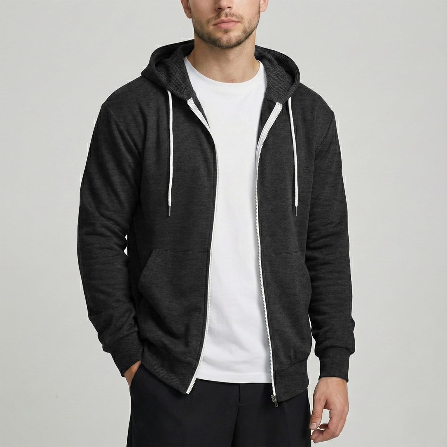 Ohoo Mens Slim Fit Long Sleeve Lightweight Zip-up Hoodie Mixed Waffle Knit with Kangaroo Pocket - Image 2