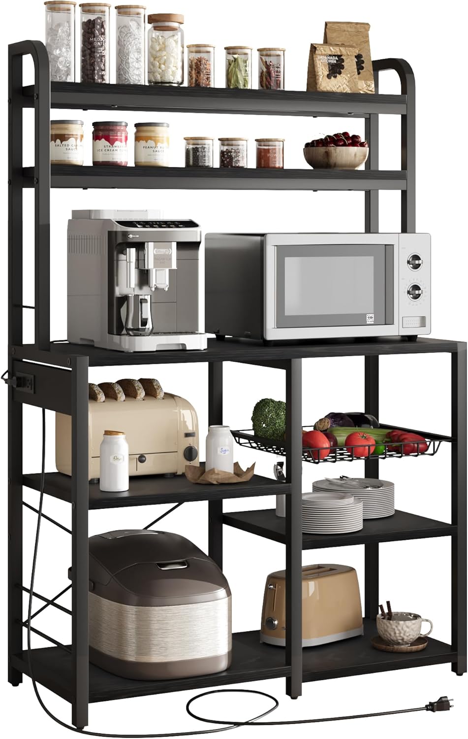 Large Baker Rack with Power Outlet & Wire Basket, Kitchen Microwave Stand with 6-Tier Open Storage Shelf, Spices & Pots Storage Shelf Rack, Metal Coffee Bar Station