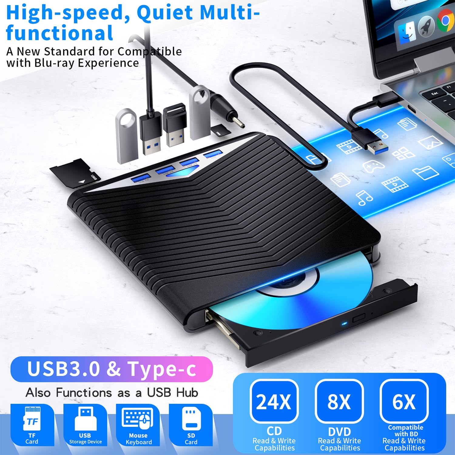 Dainty Unità Blu-ray esterna 7 in 1 lettura/scrittura con masterizzatore Bluray USB 3.0 e tipo C, compatibile con/Windows7-11 Mac OS Supporto per BD/DVD/CD Drive, Windows 7-11 e Mac, PC M-DISC (nero)