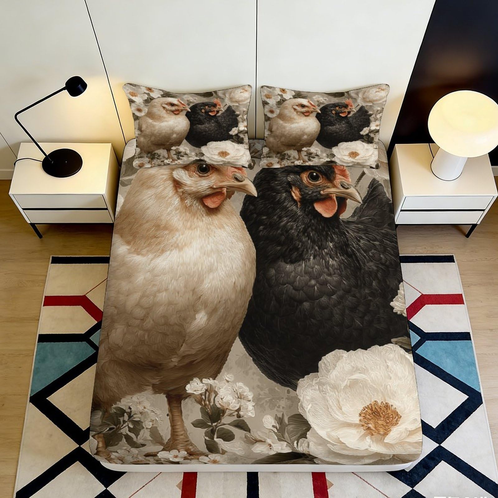 3D Printed Chicken Farm Fitted Sheet Microfiber Soft Breathable Rooster Bed Cover for Bedroom Dorm Decor 90x200x25cm