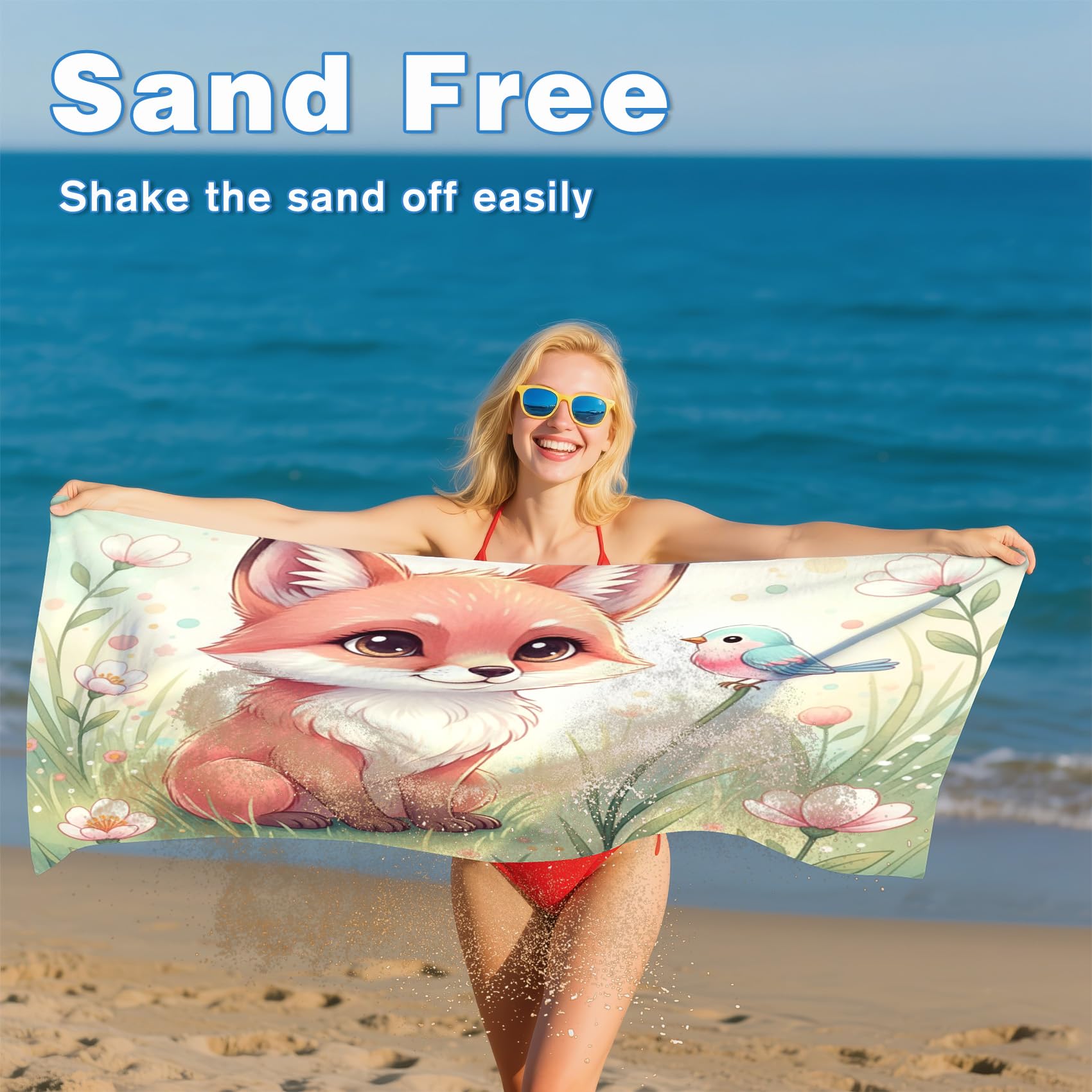 Serviette de Plage XXL Microfibre Renard Kawaii Oiseaux Animaux De La Forêt, Drap de Plage Séchage Rapide Anti Sable & Légère, Serviette de Bain Grande Taille 100x200 cm, Accessoire