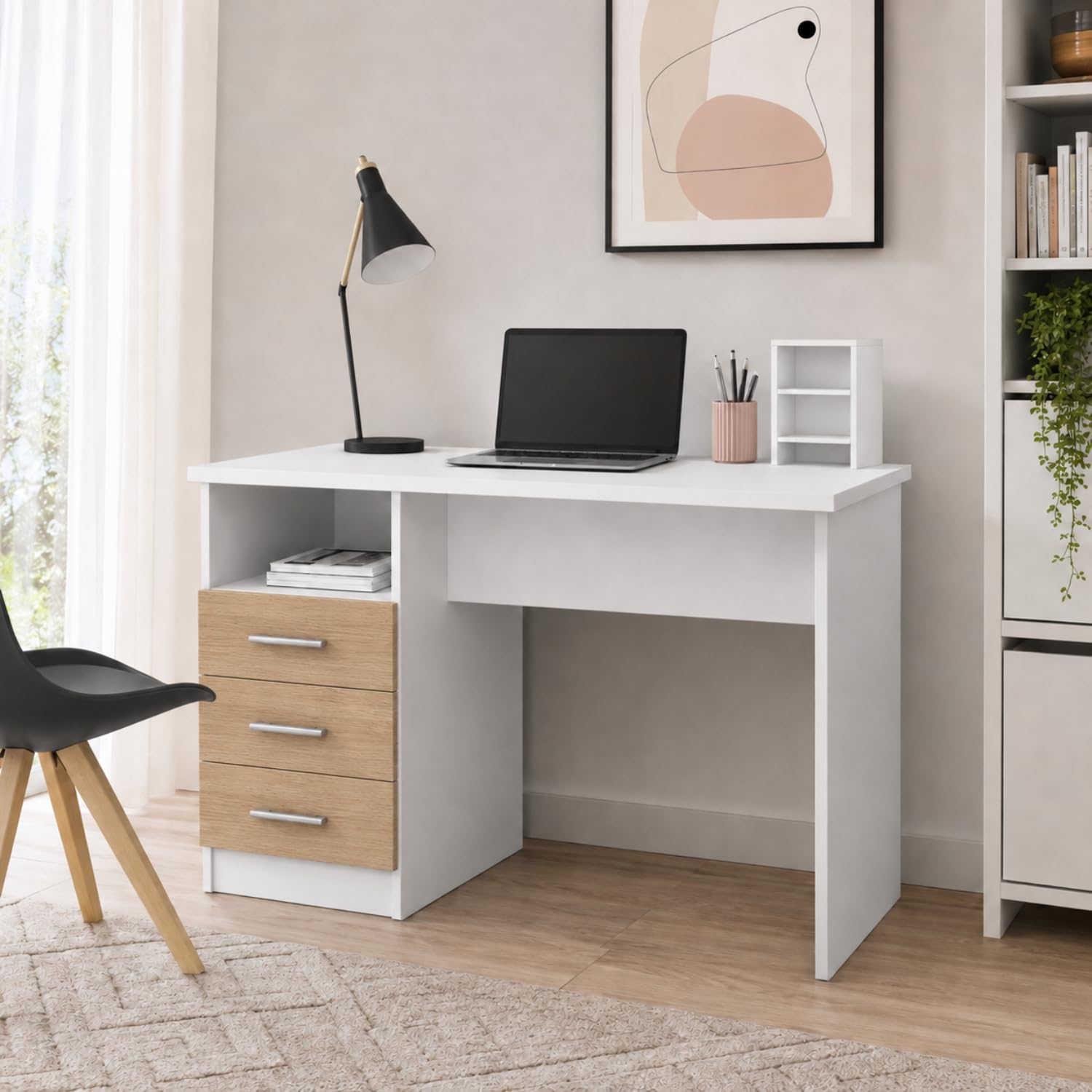 Arreditaly Scrivania Desk Lipsia Per Studio Con Cassetti Laterali Postazione PC Salvaspazio Ufficio Soggiorno E Cameretta 120 X 72 X 48 Cm Bianco E Rovere
