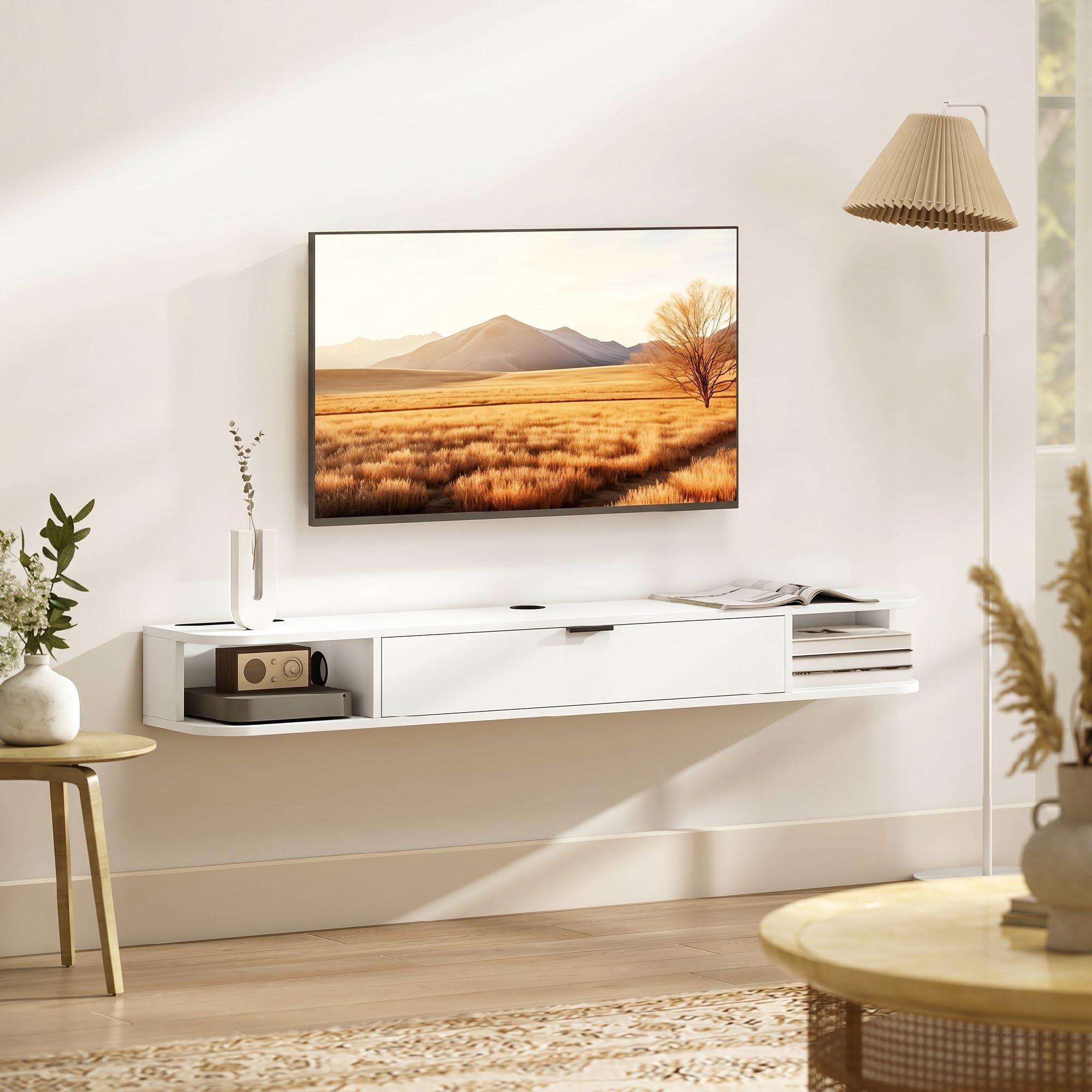 HOMCOM 55" Pływający stojak TV z półką, do 60", biały, imitacja drewna