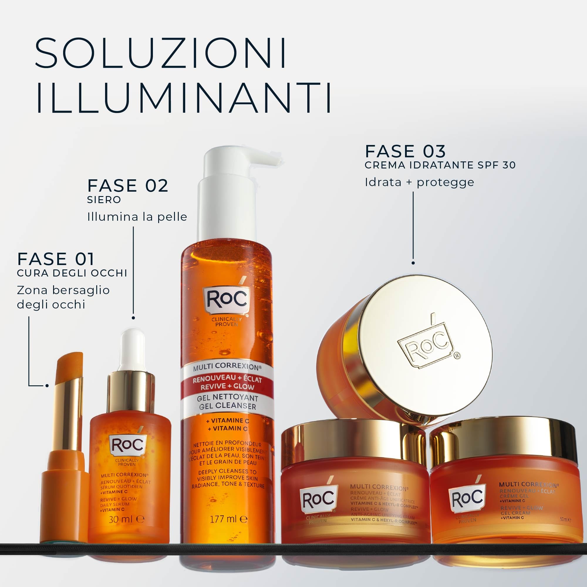 RoC - Multi Correxion Revive + Glow Siero Quotidiano Vitamina C - Anti Rughe e Invecchiamento - Crema Idratante Rassodante - 30ml