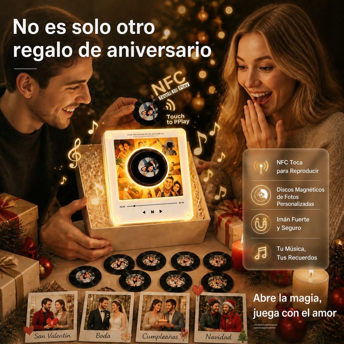 Imanes Personalizados Nevera con Música y Foto Reproductor de Música con 9 Mini Vinilos, Marco Fotos Magnético Luz LED, Caja Música NFC Regalo Aniversario Pareja