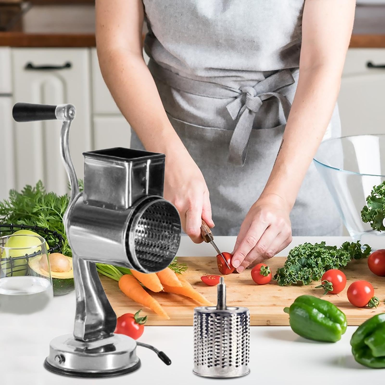Käsereibe - Edelstahl Handkurbel Gemüseschneider mit Saugfuß, Multifunktionale Trommelreibe für einfaches Käse- und Gemüseschneiden